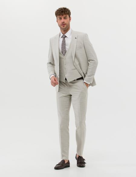 Bej Yelekli Slim Fit Takım Elbise - 50266616155