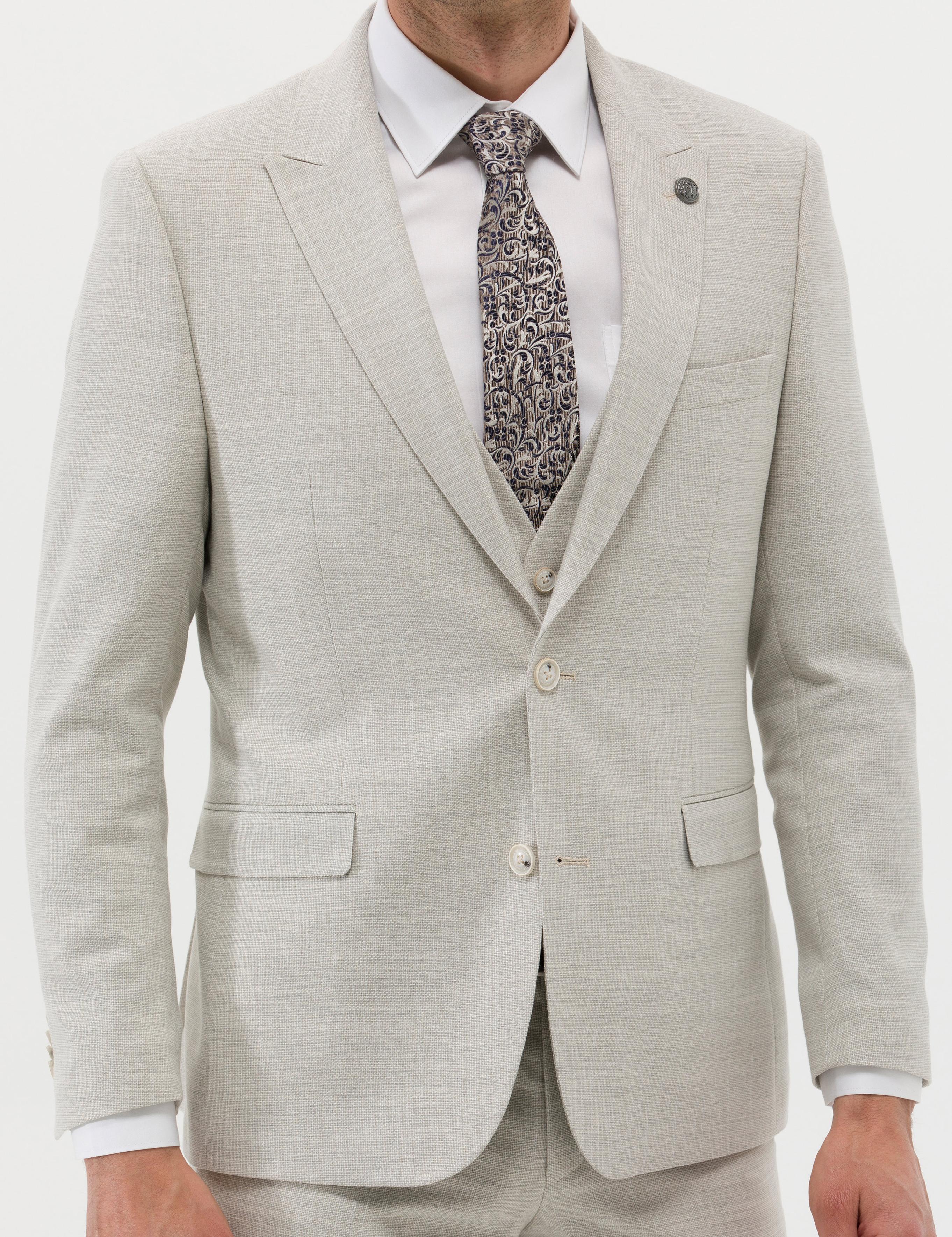 Bej Yelekli Slim Fit Takım Elbise