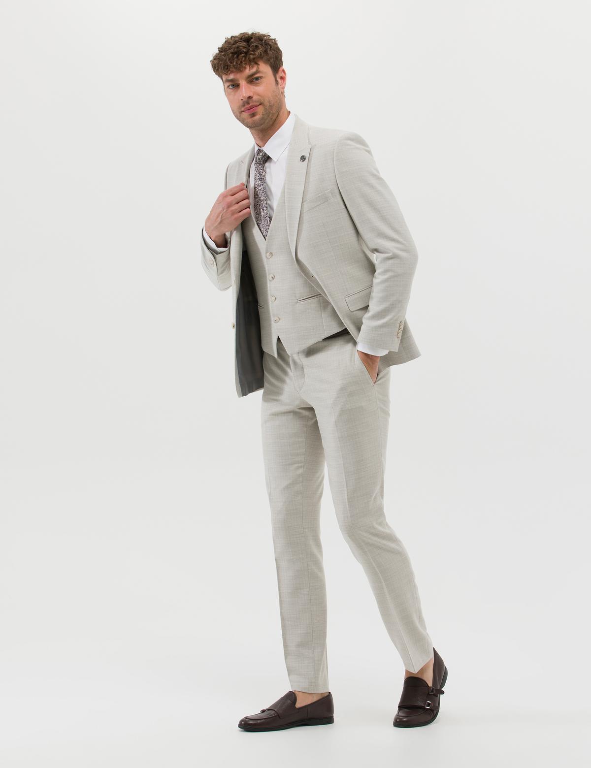 Bej Yelekli Slim Fit Takım Elbise