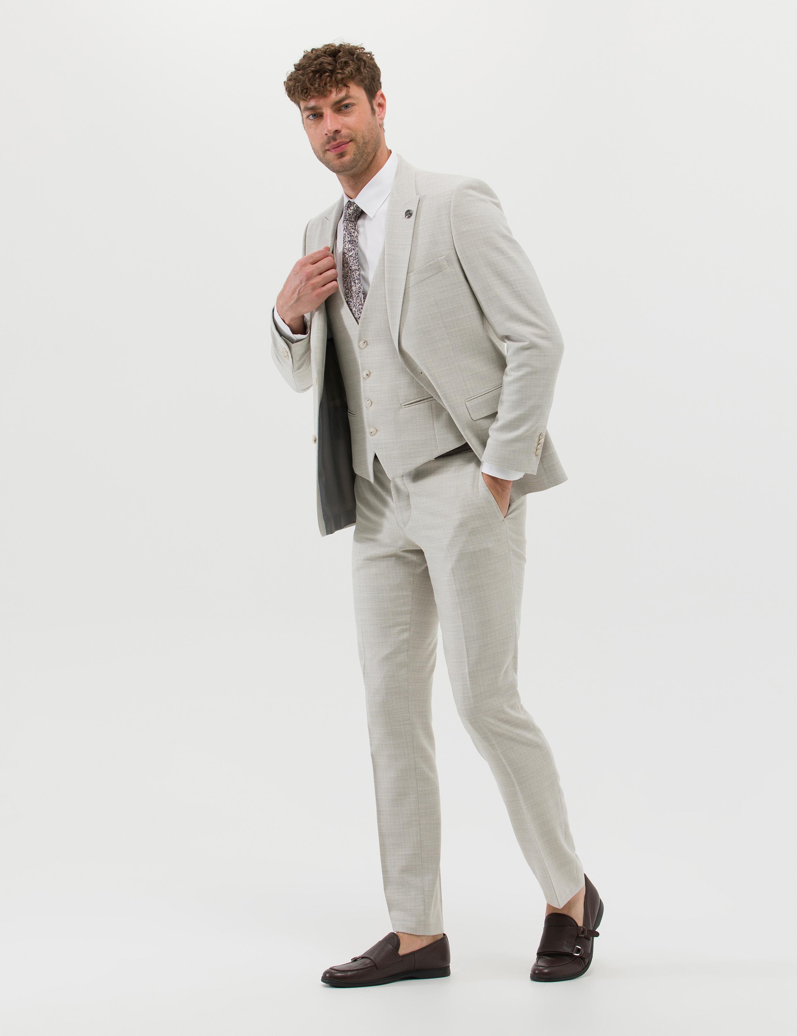 Bej Yelekli Slim Fit Takım Elbise