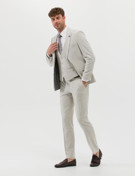 Bej Yelekli Slim Fit Takım Elbise - 50266616155