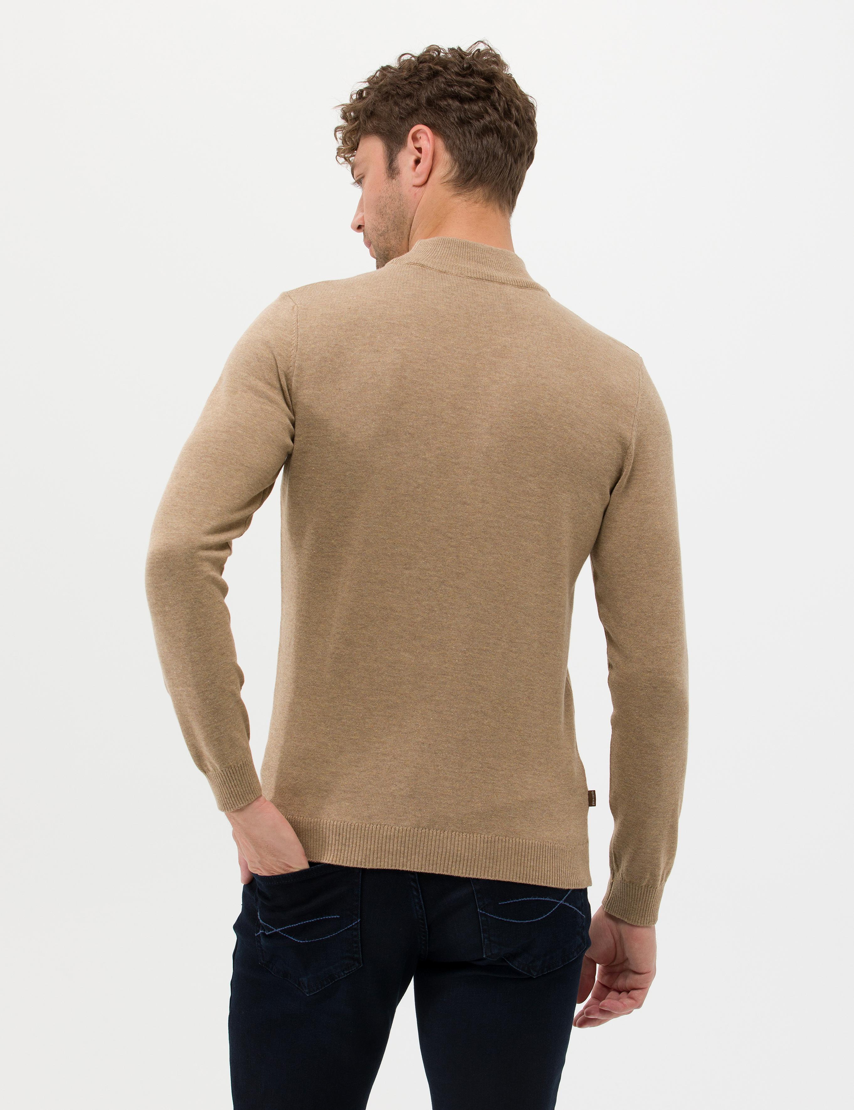 Camel Melanj Slim Fit Yarım Balıkçı Yaka Basic Triko Kazak