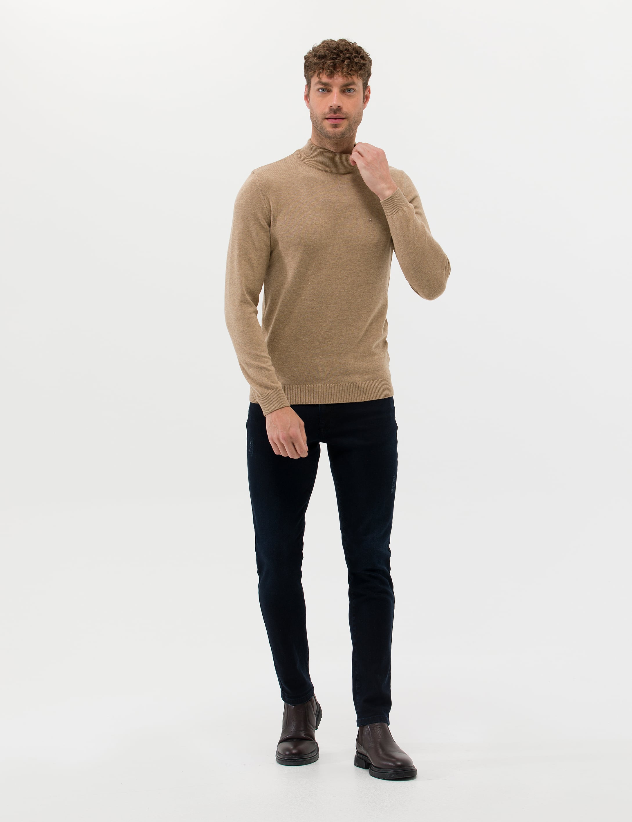 Camel Melanj Slim Fit Yarım Balıkçı Yaka Basic Triko Kazak - Image 4