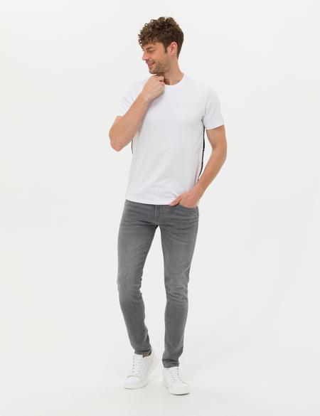 Beyaz Slim Fit Yandan Baskılı Bisiklet Yaka Tişört - 50264199028