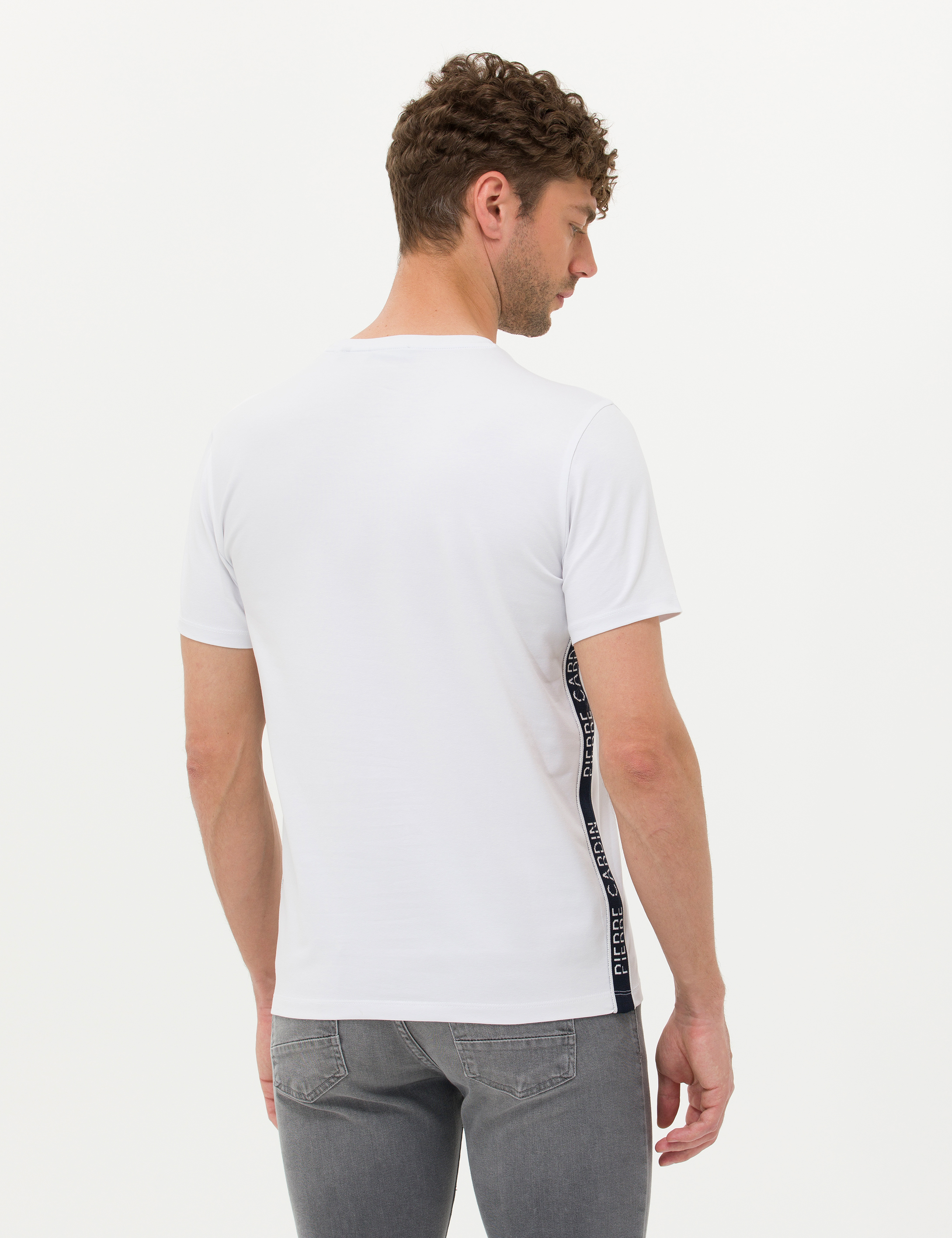 Beyaz Slim Fit Yandan Baskılı Bisiklet Yaka Tişört - Image 5