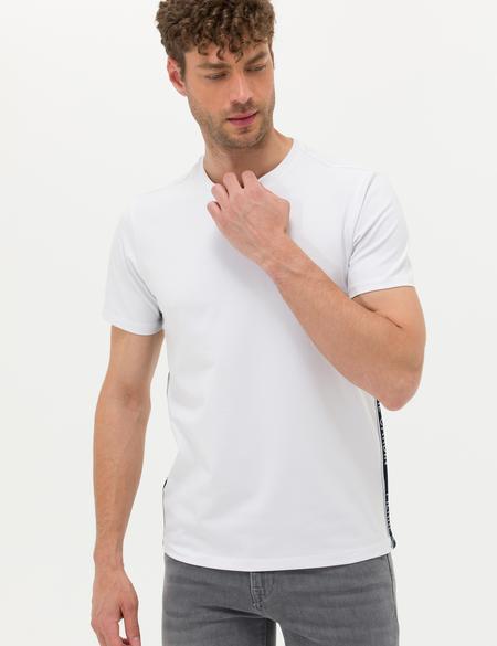 Beyaz Slim Fit Yandan Baskılı Bisiklet Yaka Tişört - 50264199028