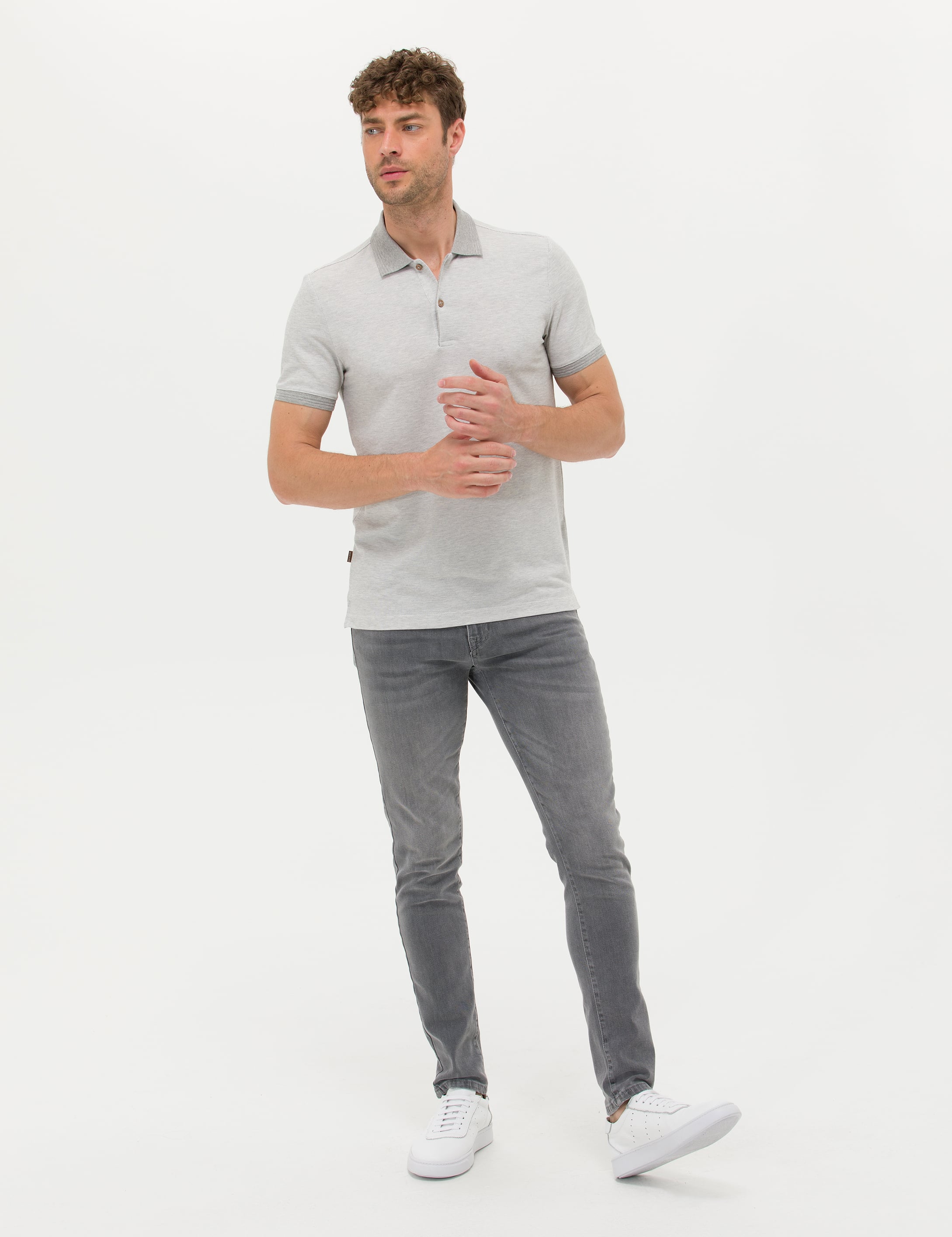 Açık Gri Melanj Slim Fit Polo Yaka Tişört