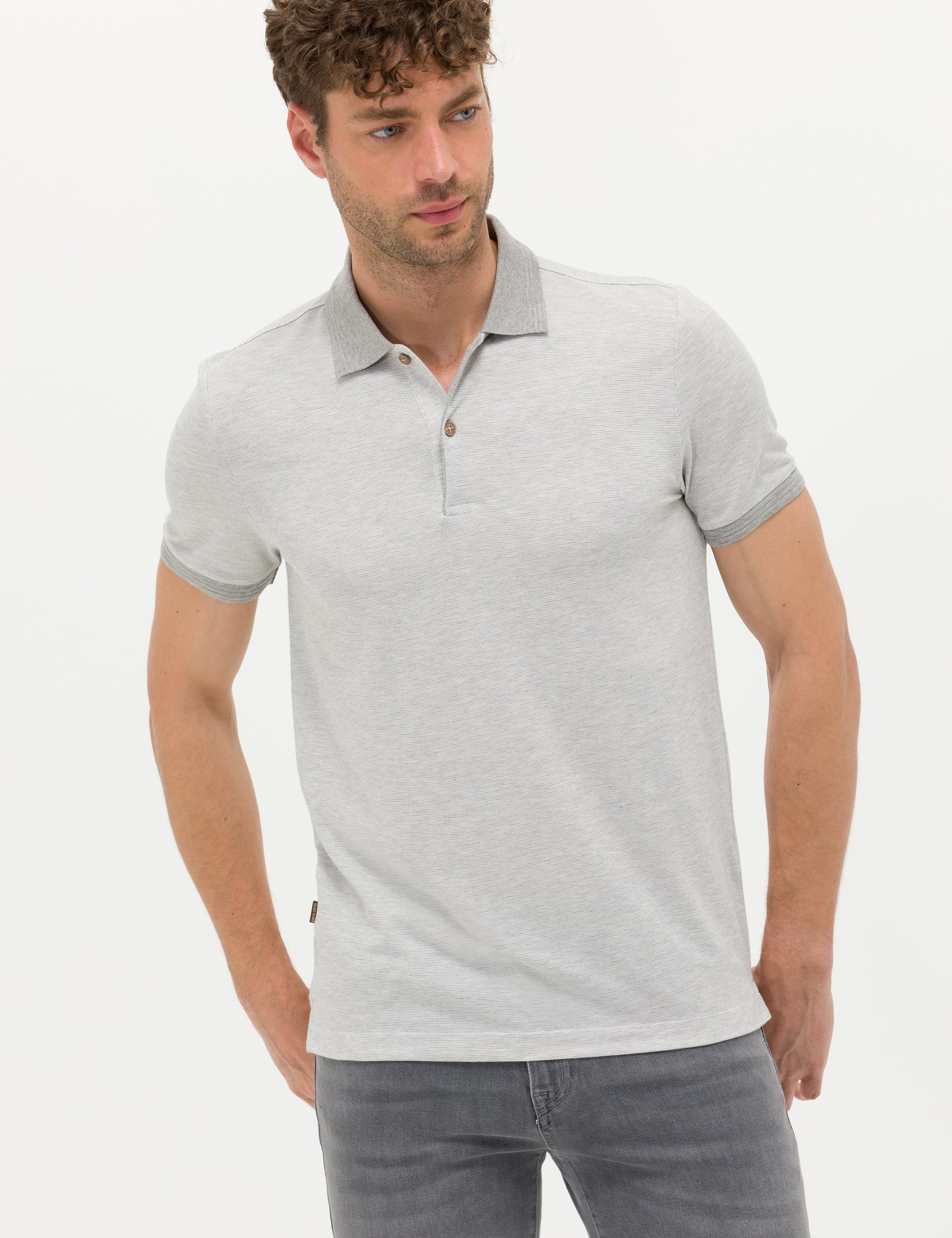 Açık Gri Melanj Slim Fit Polo Yaka Tişört