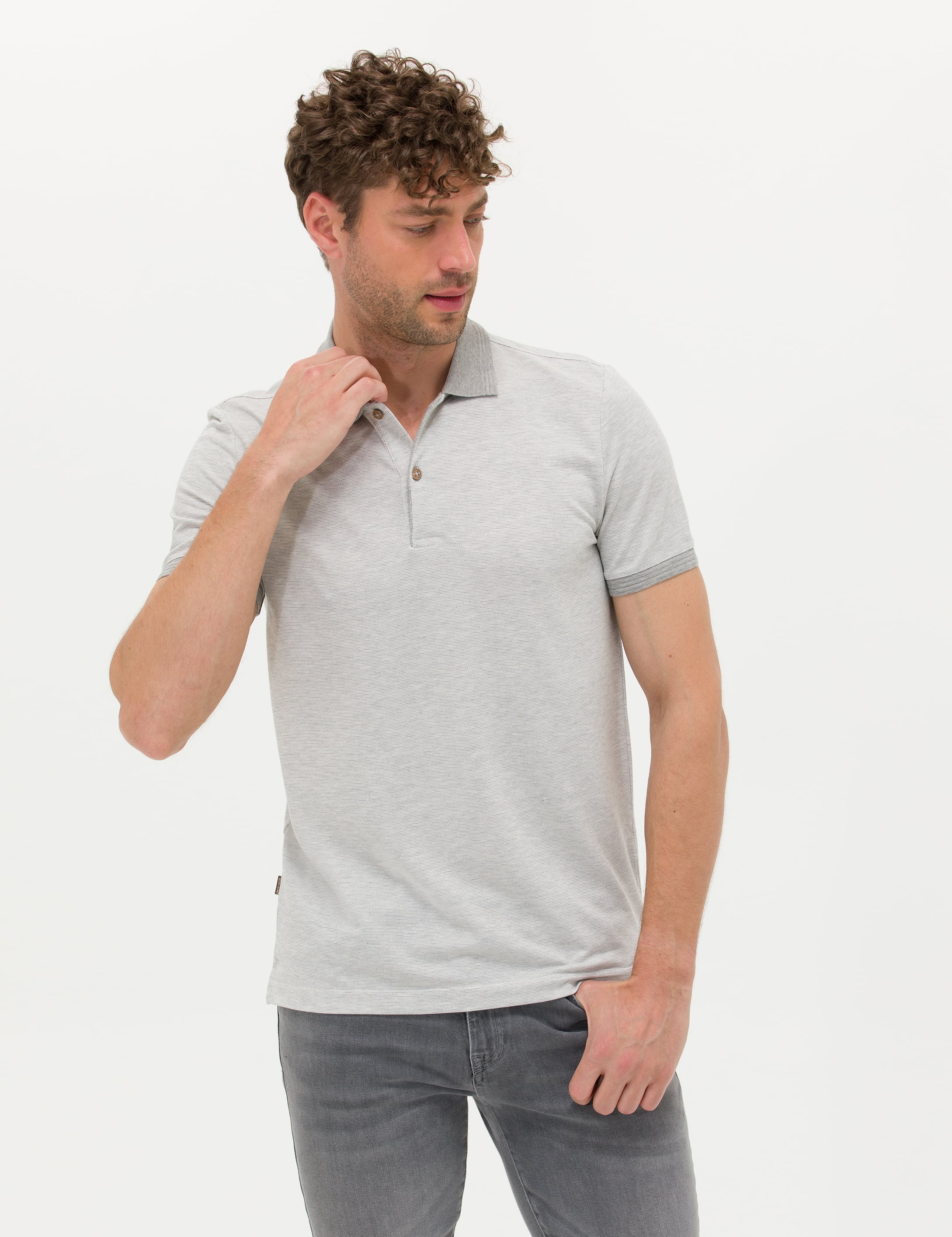 Açık Gri Melanj Slim Fit Polo Yaka Tişört - Image 3