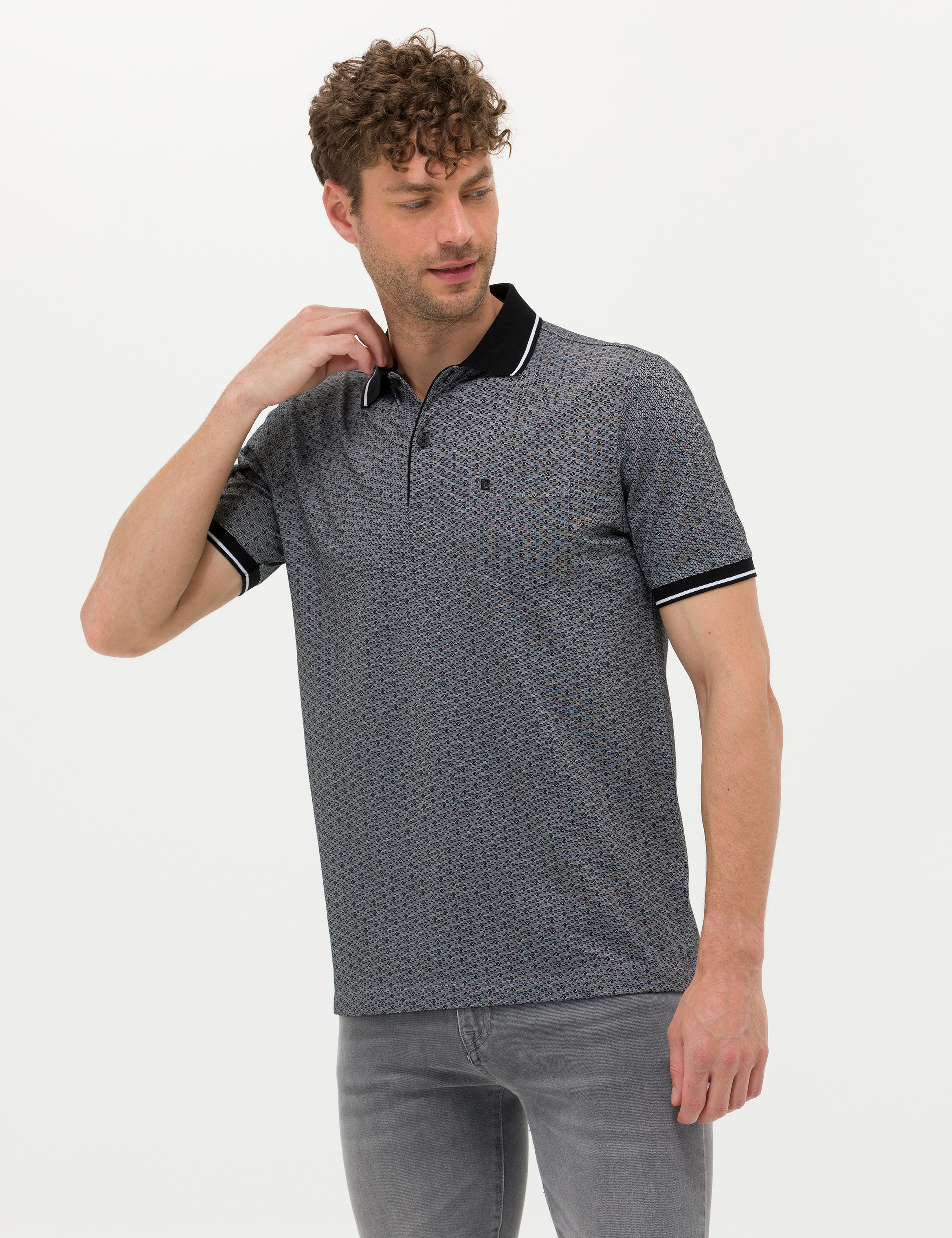 Siyah Regular Fit Baskılı Polo Yaka Tişört