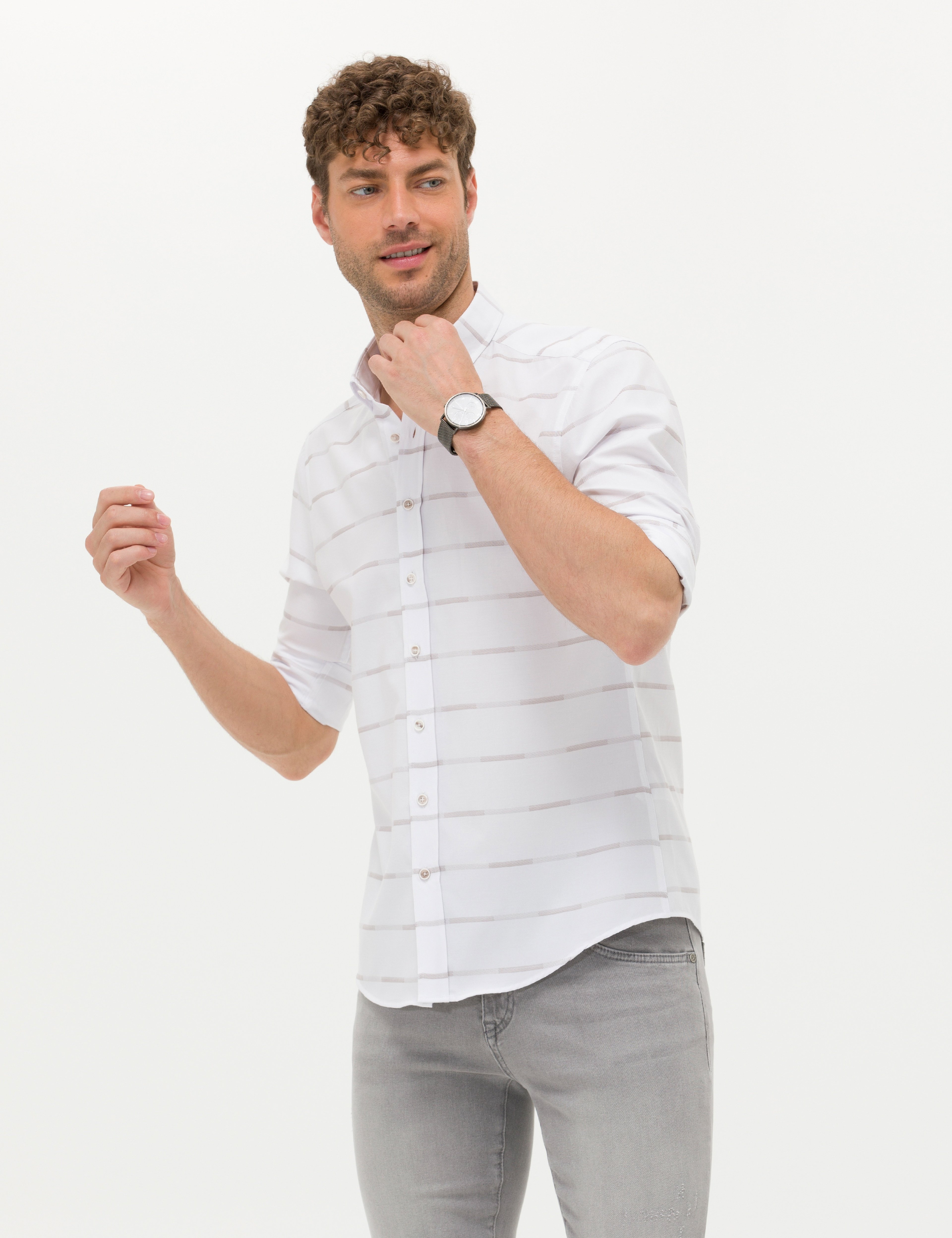 Bej Slim Fit Uzun Kollu Gömlek - Image 3