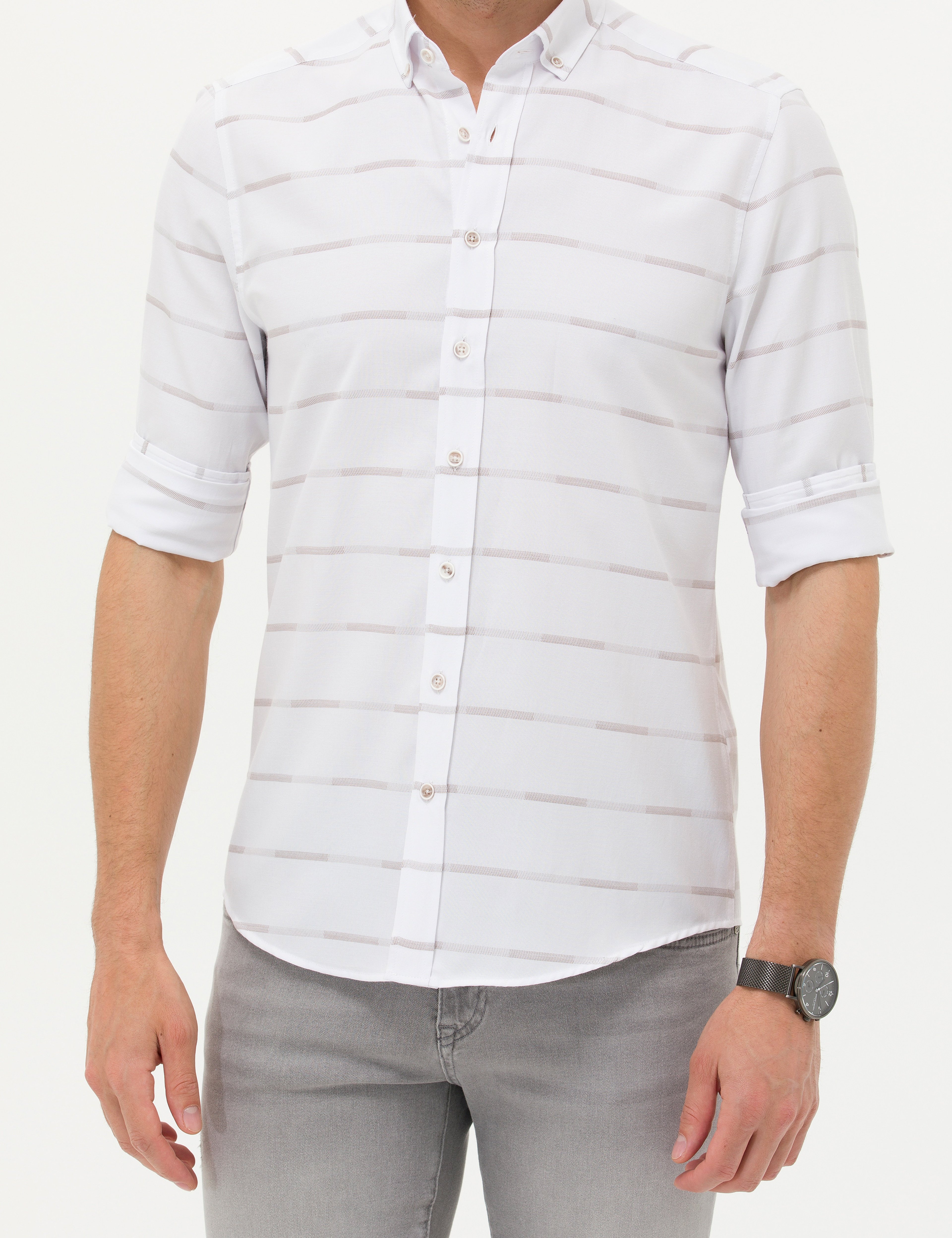 Bej Slim Fit Uzun Kollu Gömlek - Image 6
