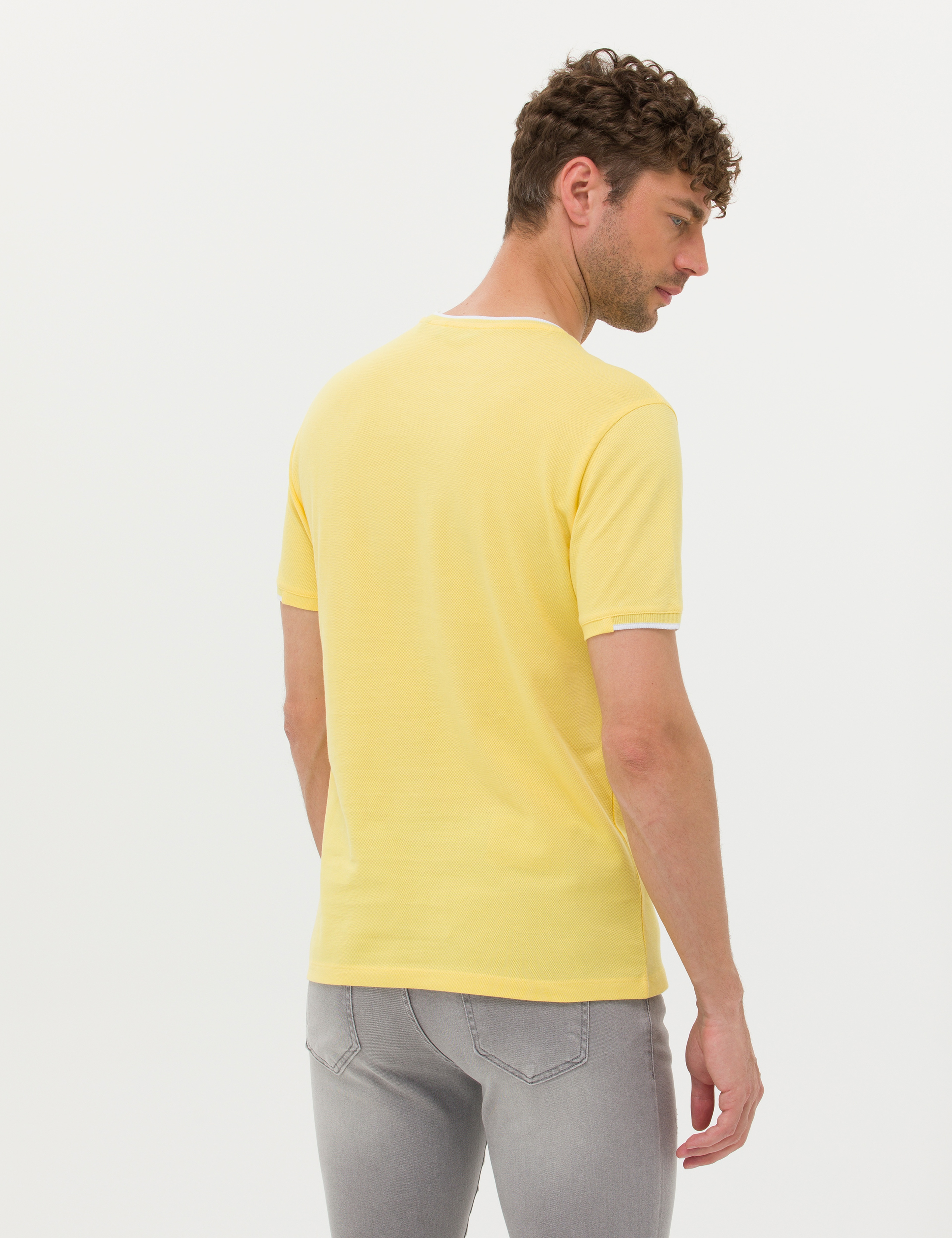 Açık Sarı Slim Fit %100 Pamuk Bisiklet Yaka Tişört - Image 5