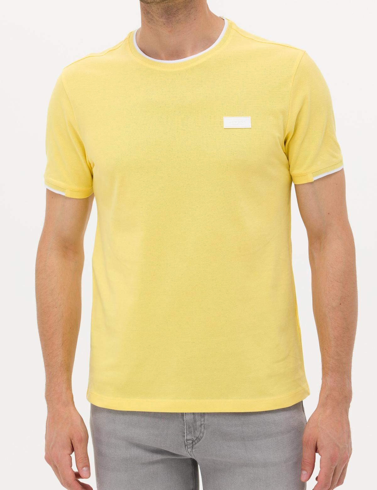 Açık Sarı Slim Fit Bisiklet Yaka Tişört - 50262632067