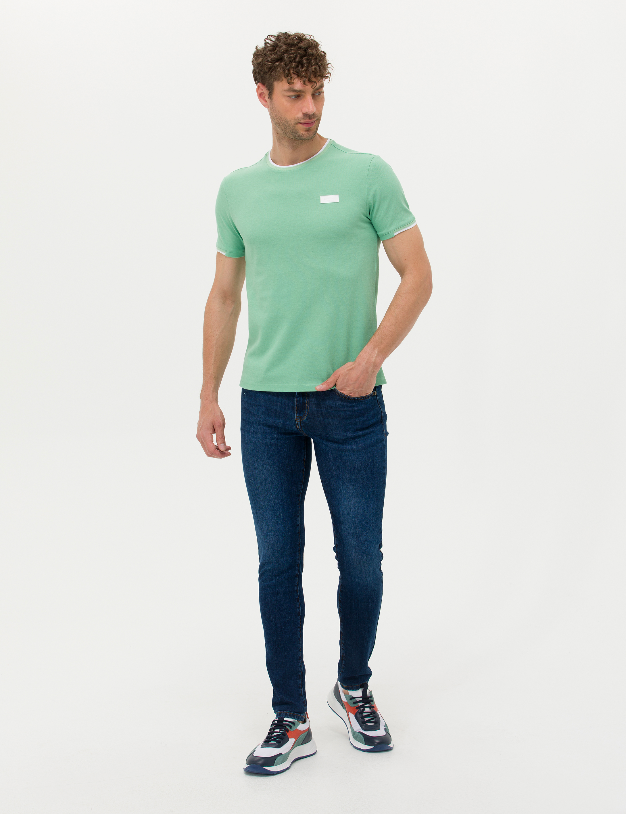 Açık Yeşil Slim Fit Bisiklet Yaka Tişört