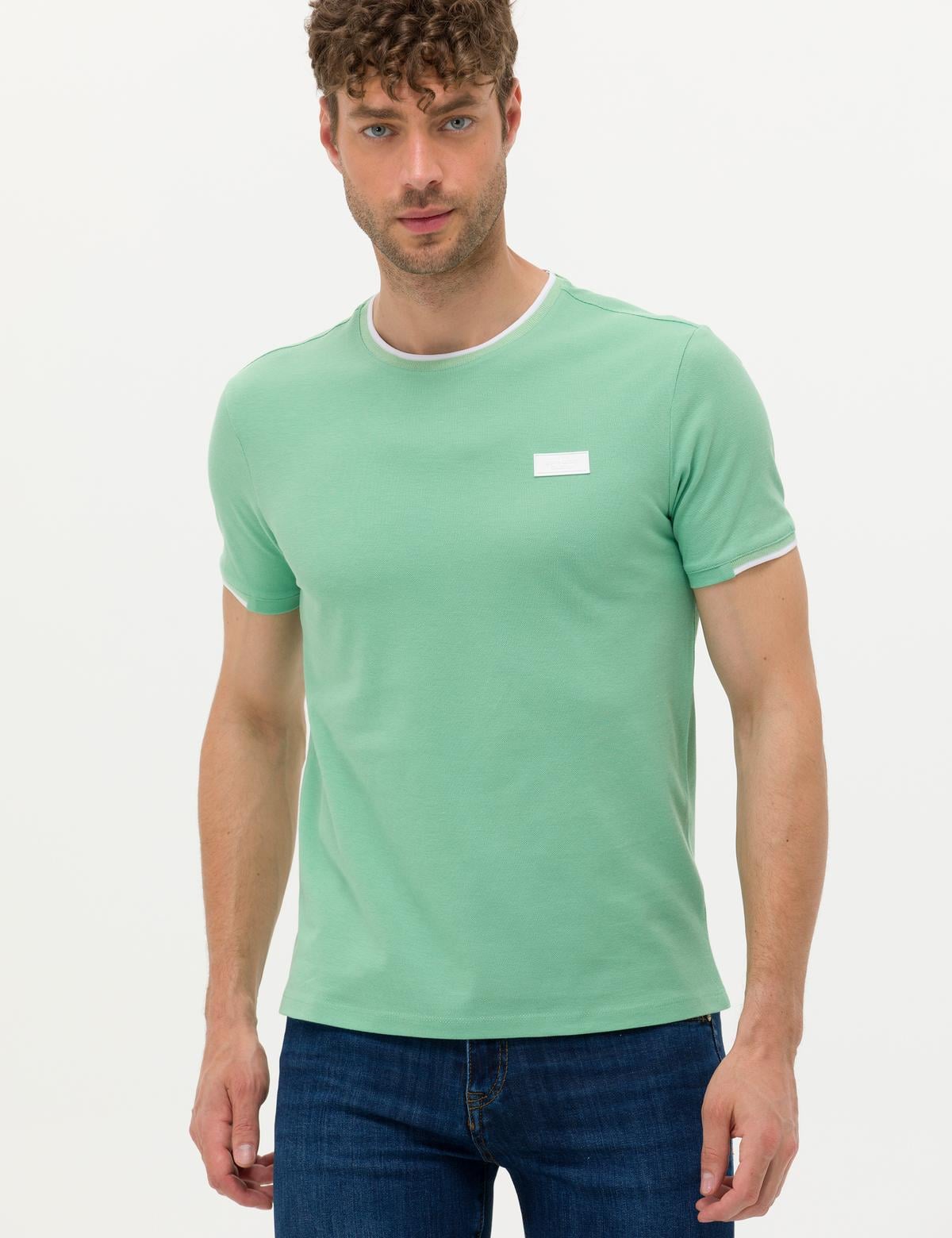 Açık Yeşil Slim Fit Bisiklet Yaka Tişört