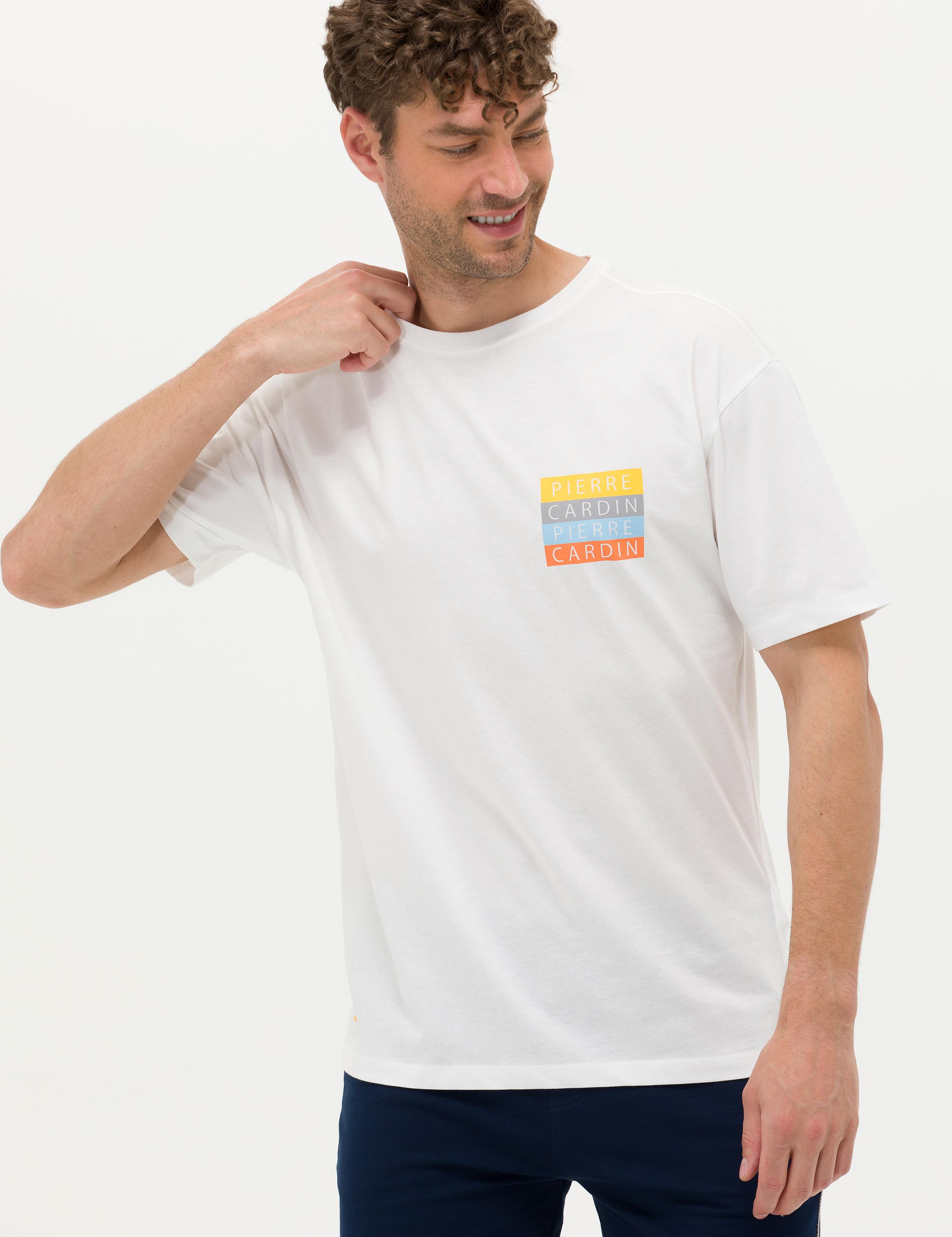 Ekru Comfort Fit Bisiklet Yaka Tişört