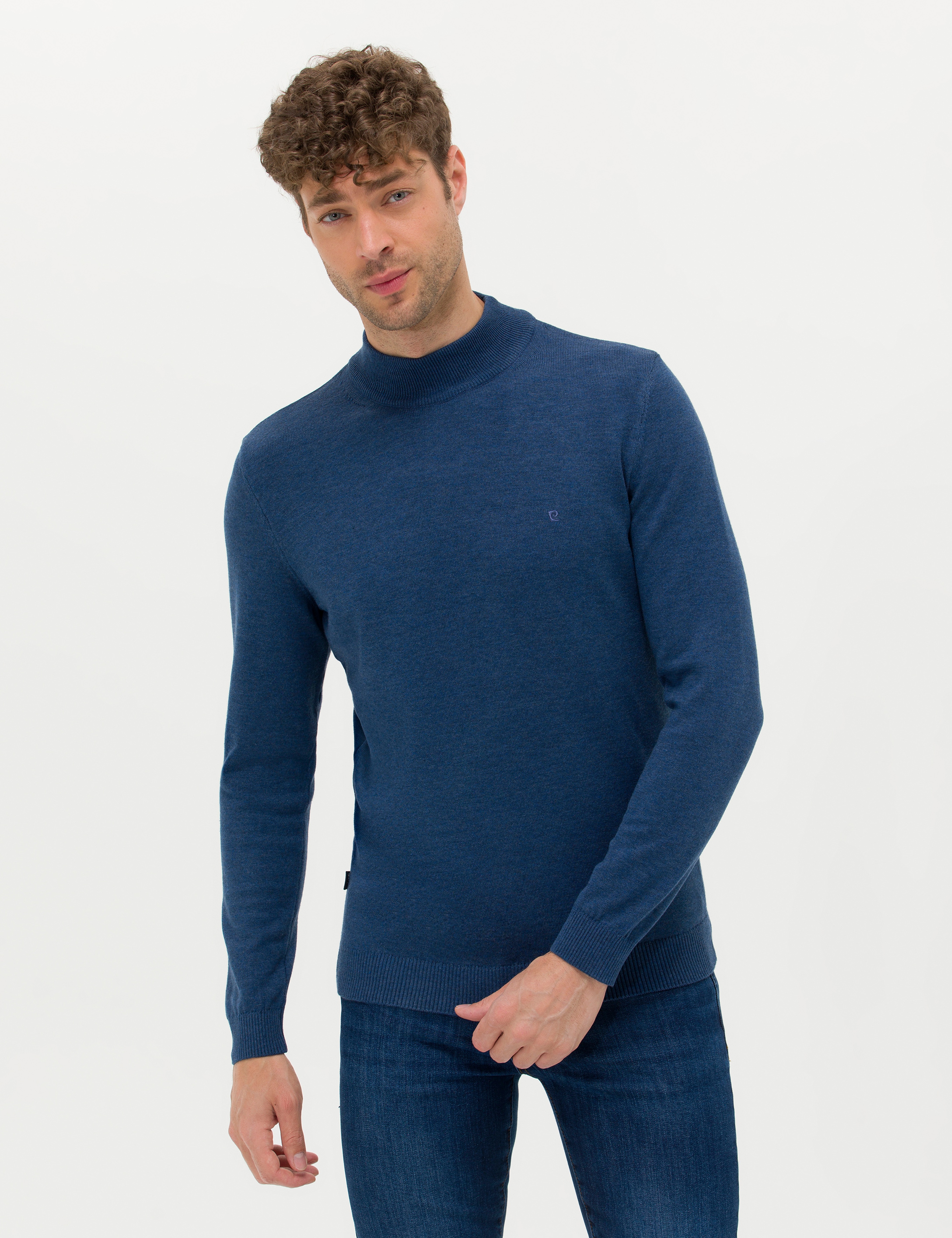 İndigo Melanj Slim Fit Yarım Balıkçı Yaka Basic Triko Kazak - Image 2