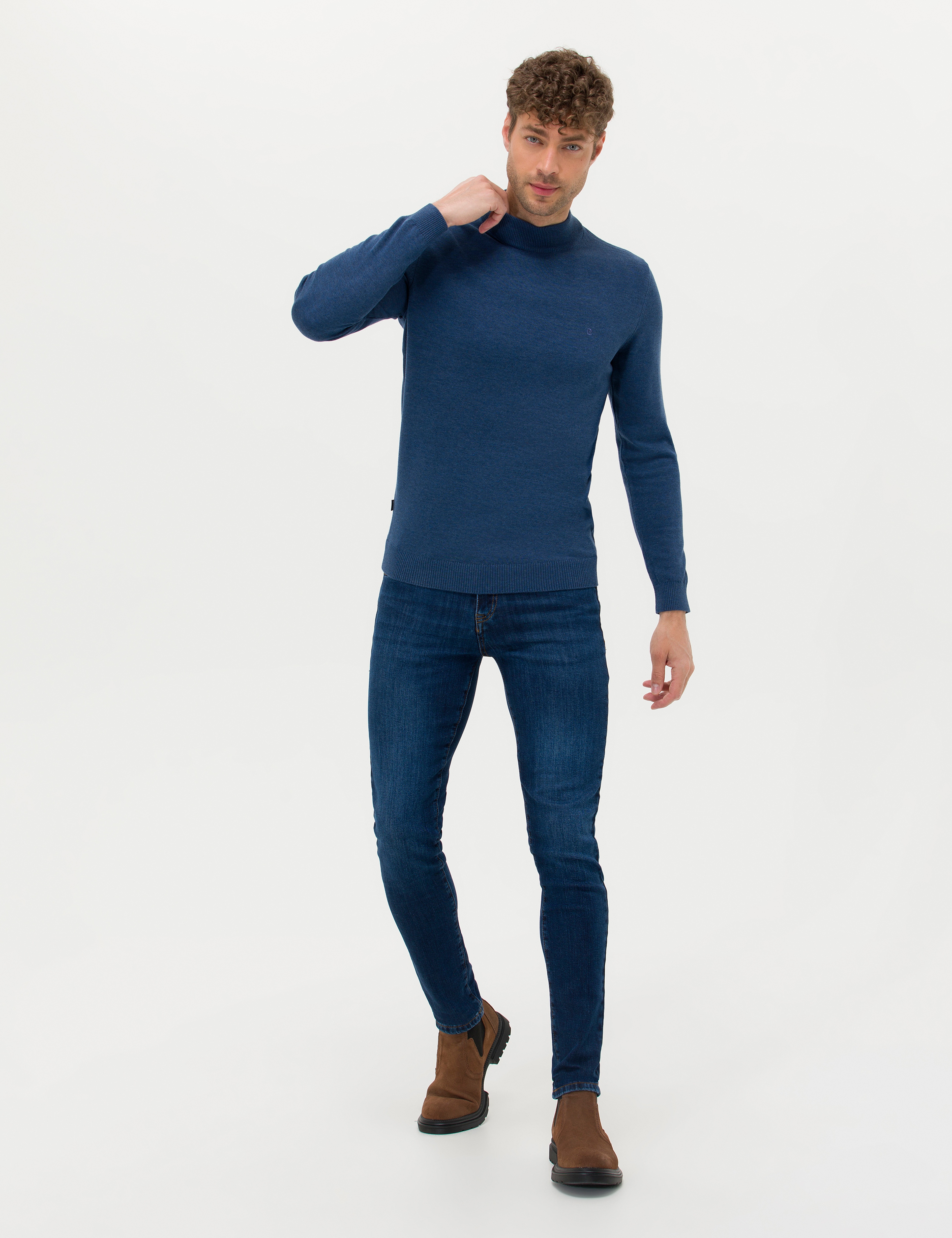İndigo Melanj Slim Fit Yarım Balıkçı Yaka Basic Triko Kazak