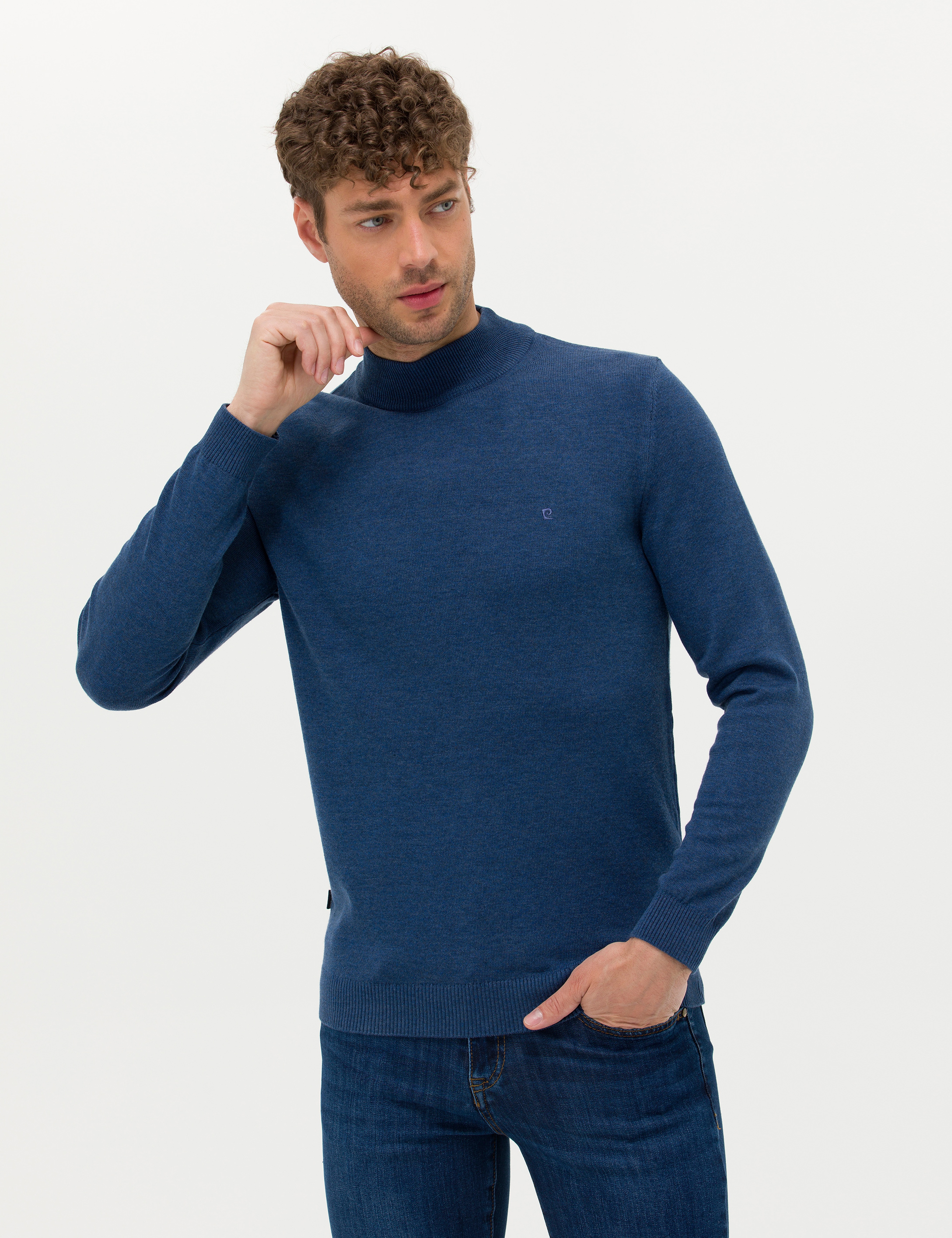 İndigo Melanj Slim Fit Yarım Balıkçı Yaka Basic Triko Kazak - Image 1