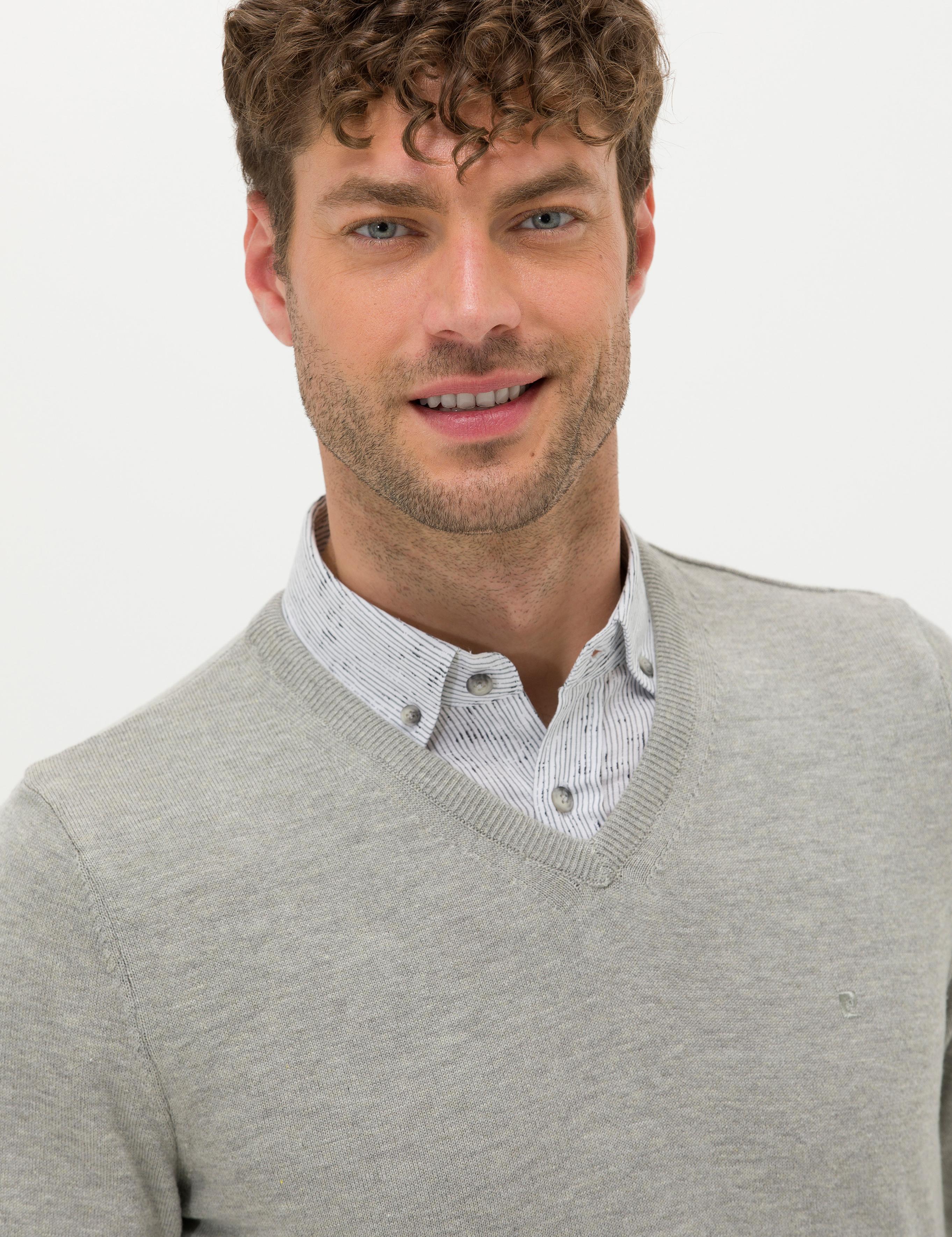 Açık Gri Melanj Slim Fit V Yaka Basic Triko Kazak