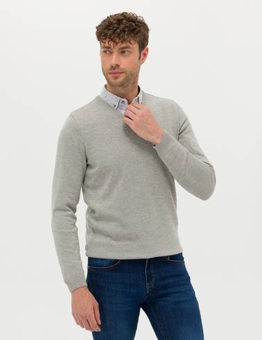 Açık Gri Melanj Slim Fit V Yaka Basic Triko Kazak
