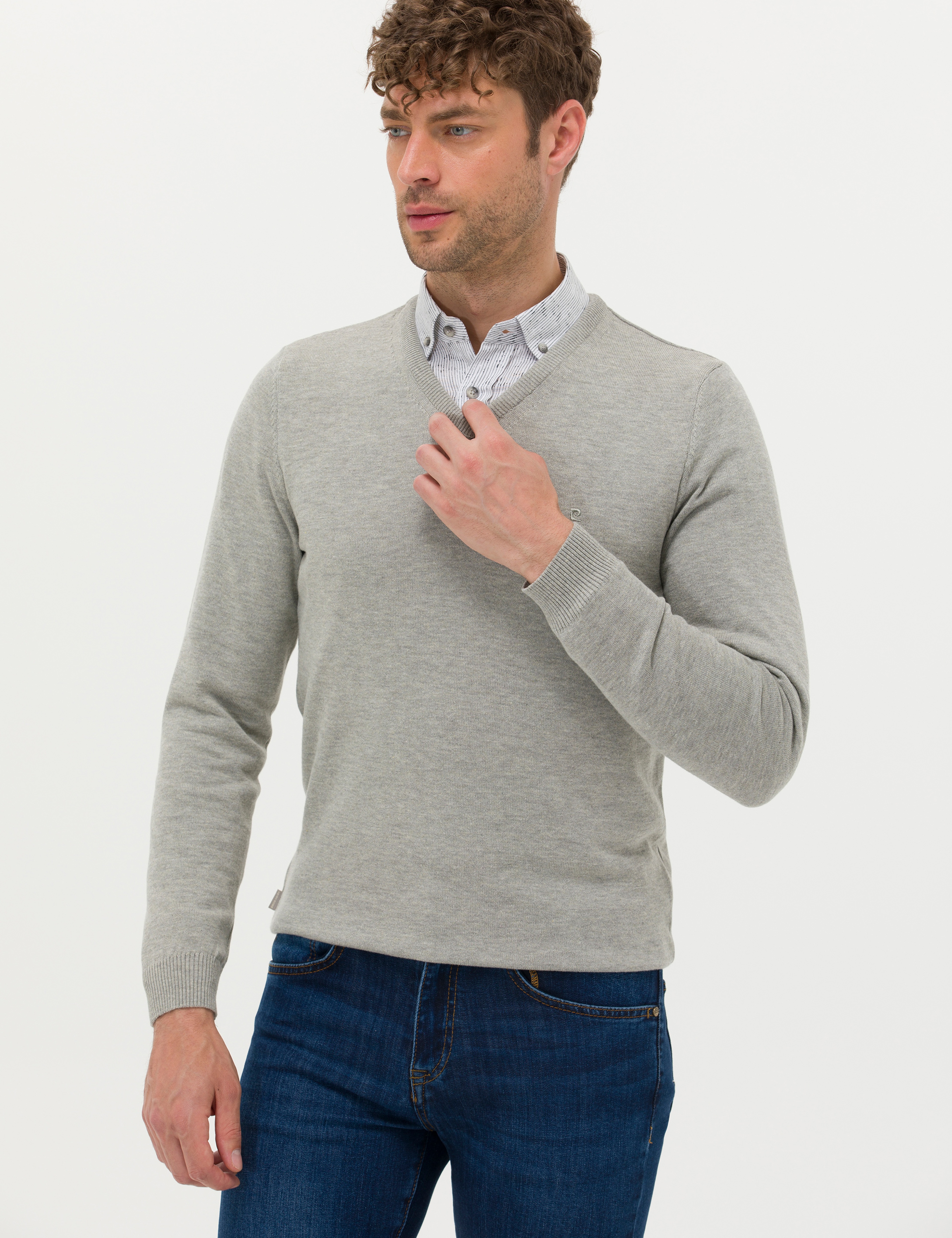 Açık Gri Melanj Slim Fit V Yaka Basic Triko Kazak - Image 1