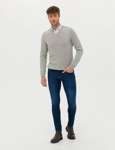 Açık Gri Melanj Slim Fit V Yaka Basic Triko Kazak