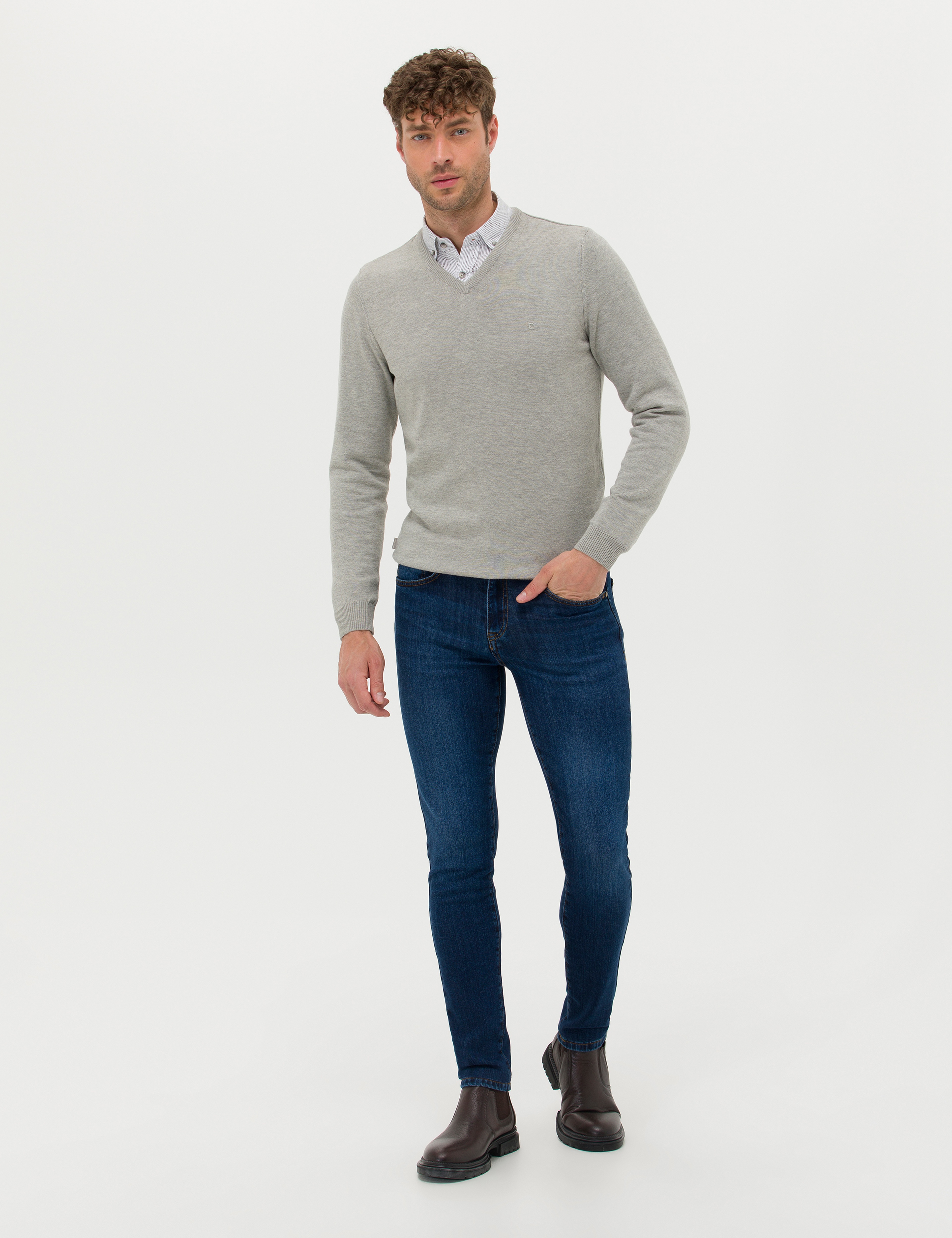 Açık Gri Melanj Slim Fit V Yaka Basic Triko Kazak - Image 4