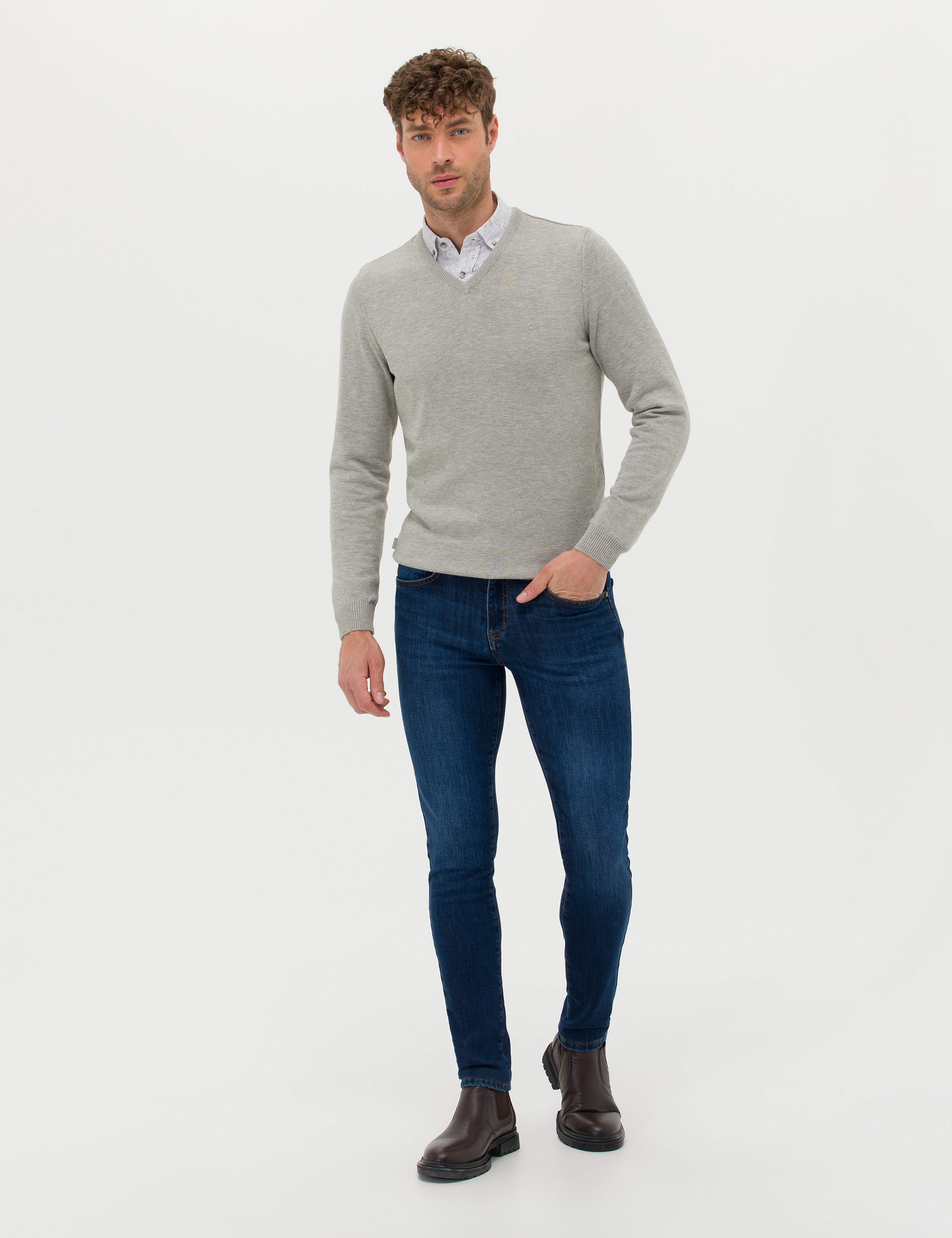 Açık Gri Melanj Slim Fit V Yaka Basic Triko Kazak