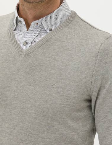 Açık Gri Melanj Slim Fit V Yaka Basic Triko Kazak