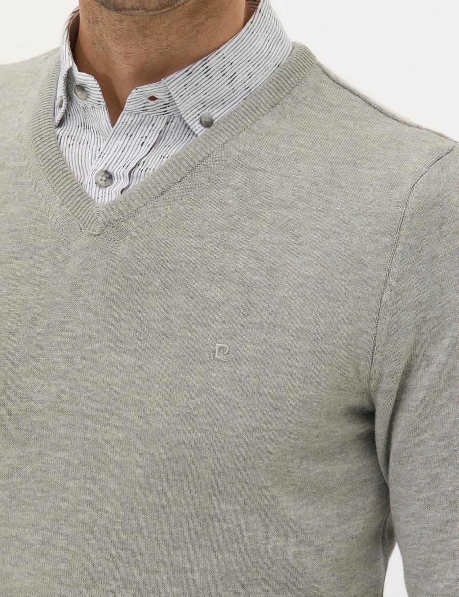 Açık Gri Melanj Slim Fit V Yaka Basic Triko Kazak