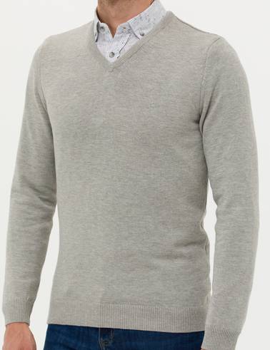 Açık Gri Melanj Slim Fit V Yaka Basic Triko Kazak
