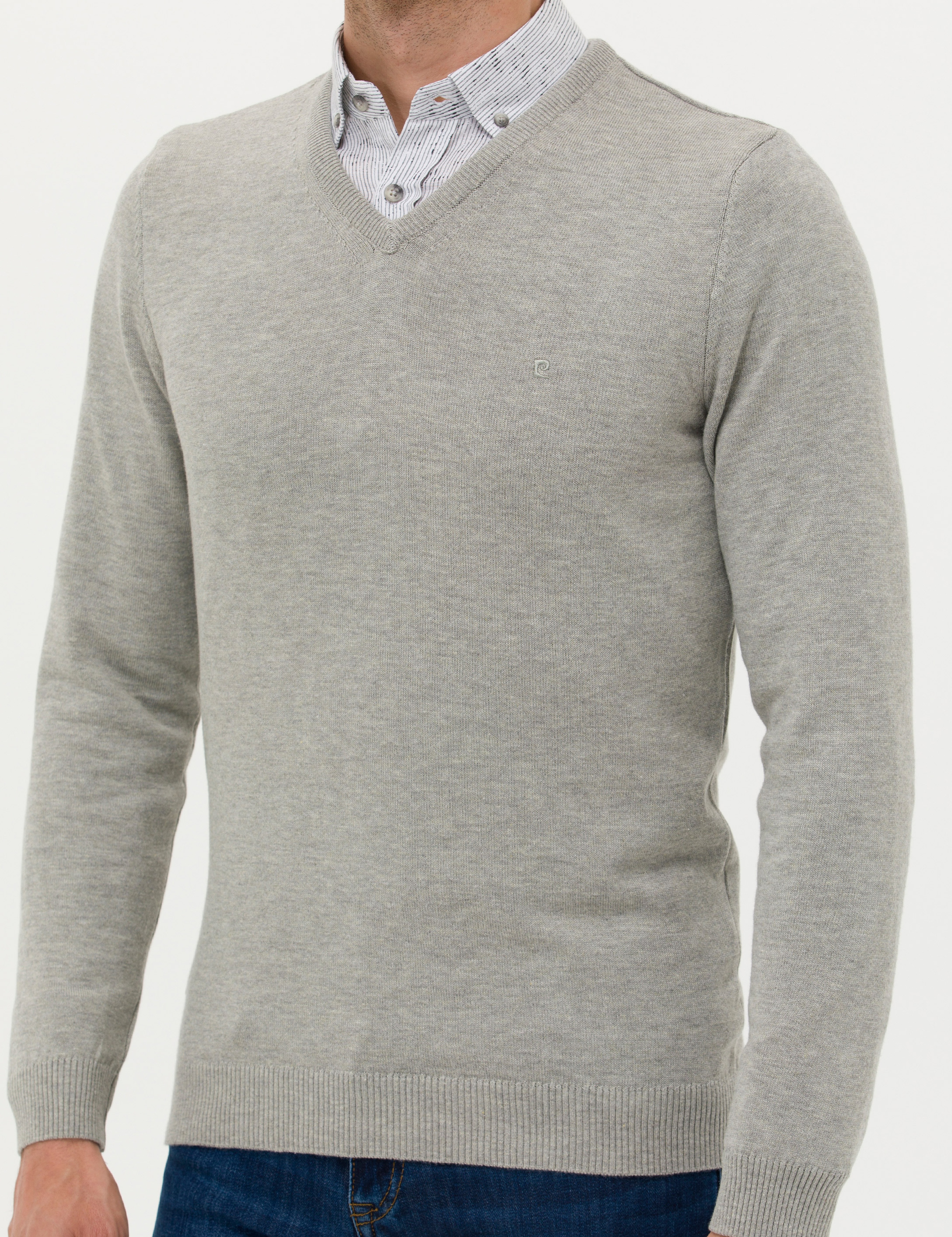 Açık Gri Melanj Slim Fit V Yaka Basic Triko Kazak - Image 6