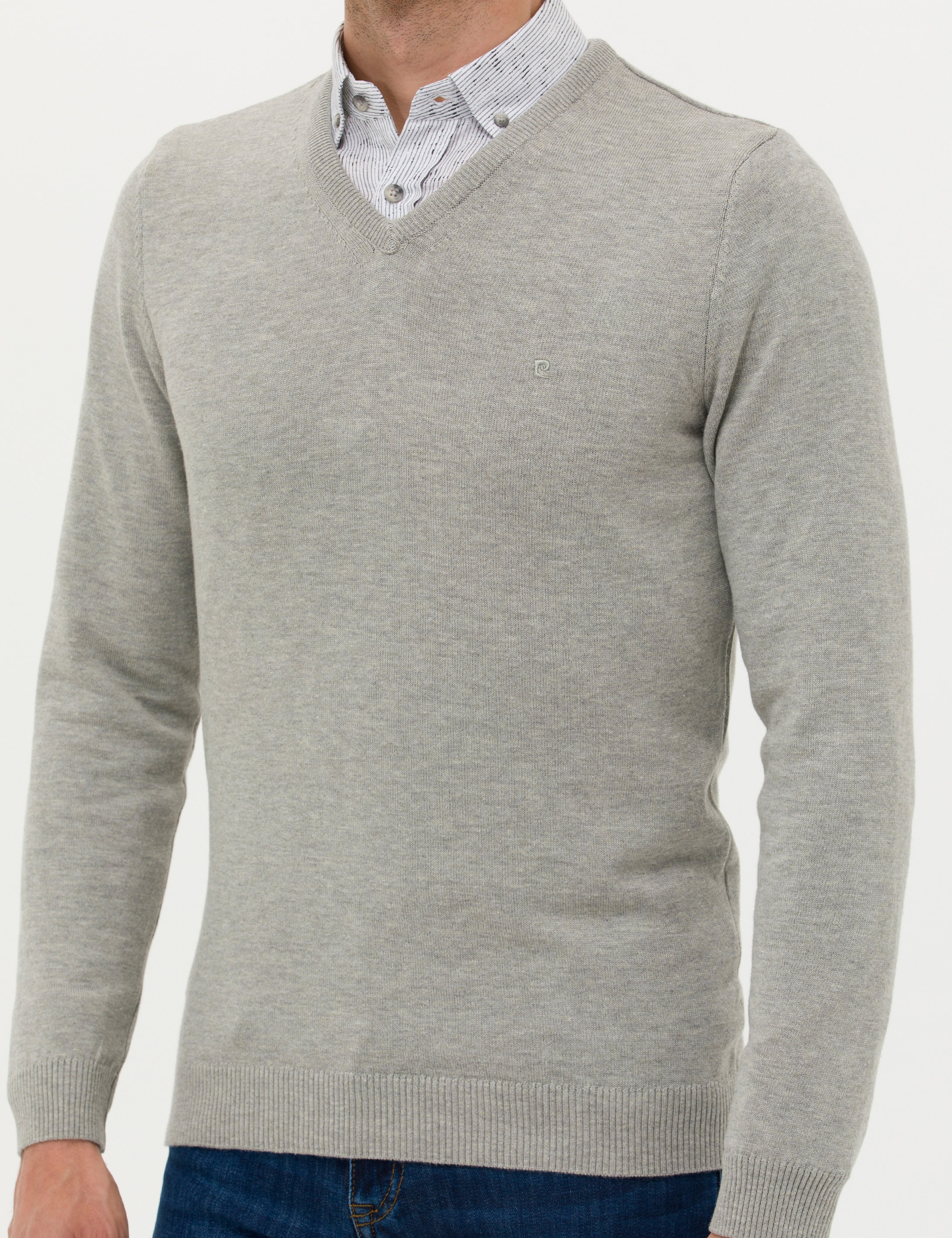 Açık Gri Melanj Slim Fit V Yaka Basic Triko Kazak