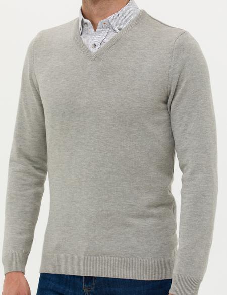 Açık Gri Melanj Slim Fit V Yaka Basic Triko Kazak - 50276156096