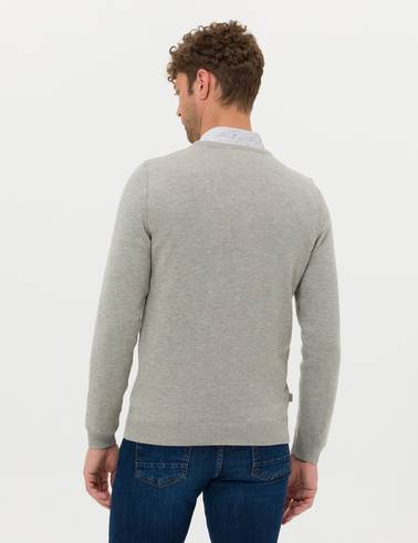 Açık Gri Melanj Slim Fit V Yaka Basic Triko Kazak