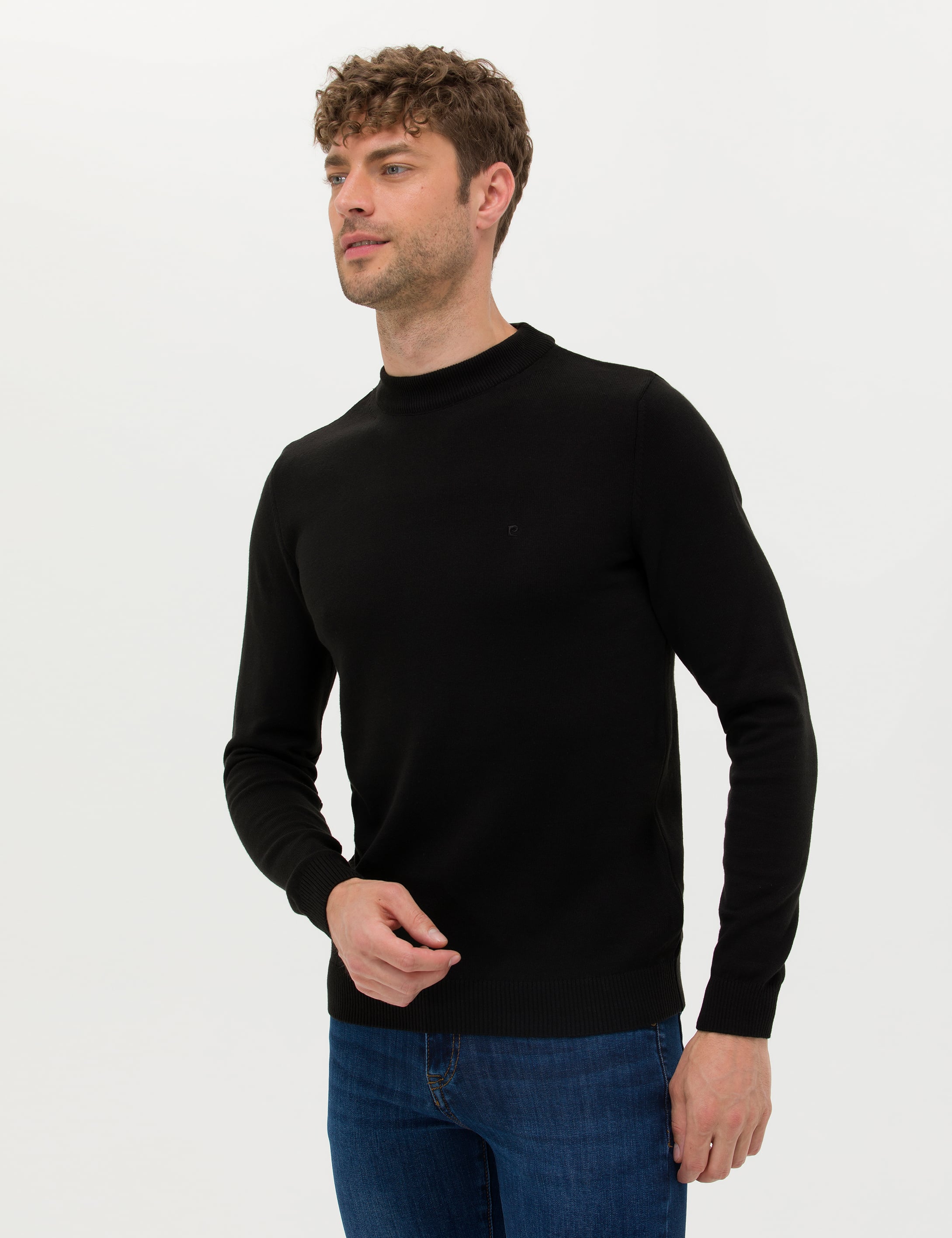 Siyah Slim Fit Çeyrek Yaka Basic Triko Kazak - Image 1