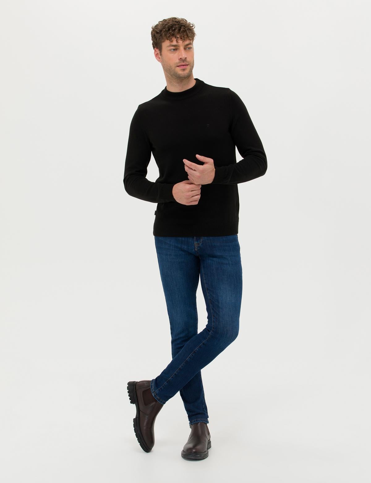 Siyah Slim Fit Çeyrek Yaka Basic Triko Kazak - 50276158047