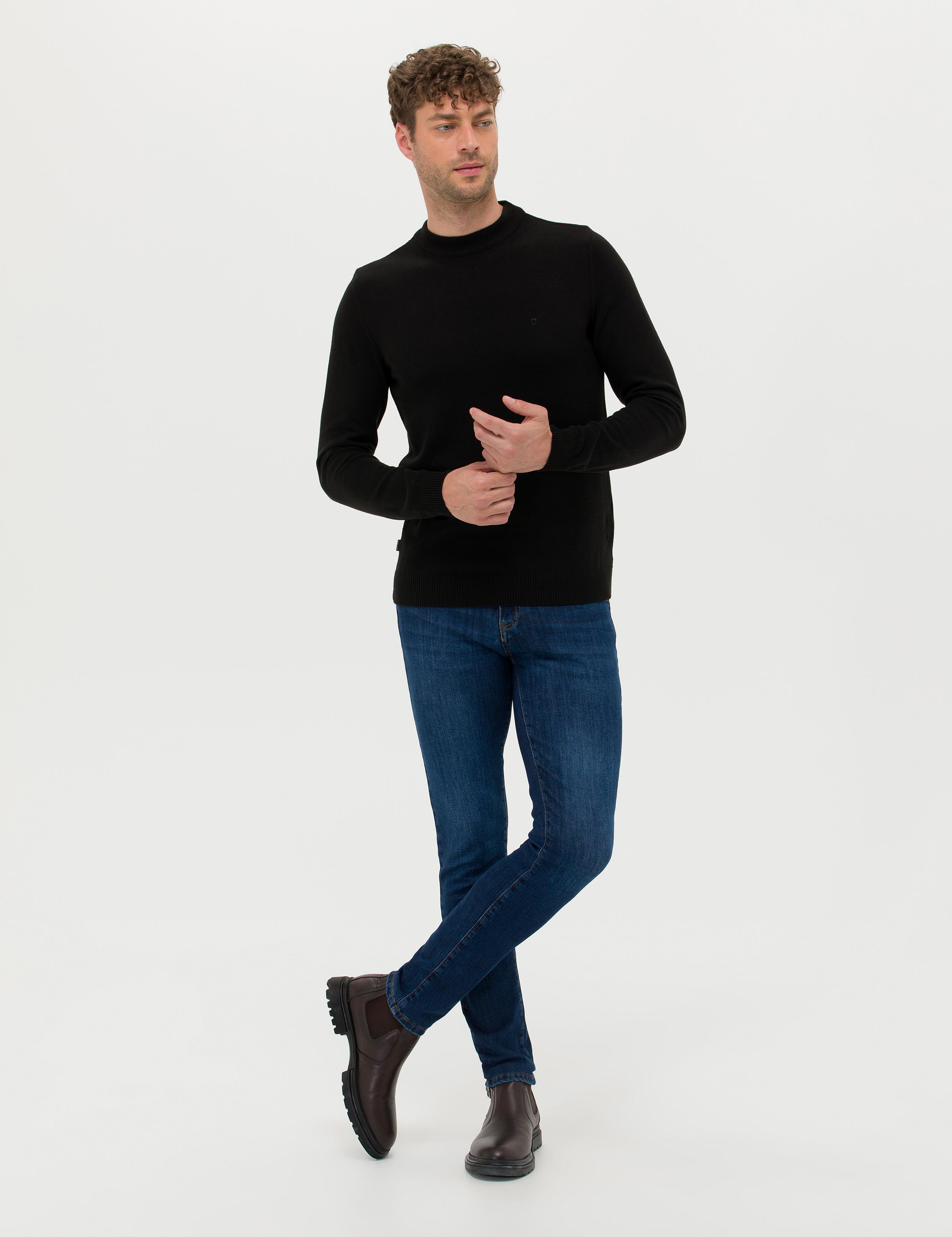 Siyah Slim Fit Çeyrek Yaka Basic Triko Kazak