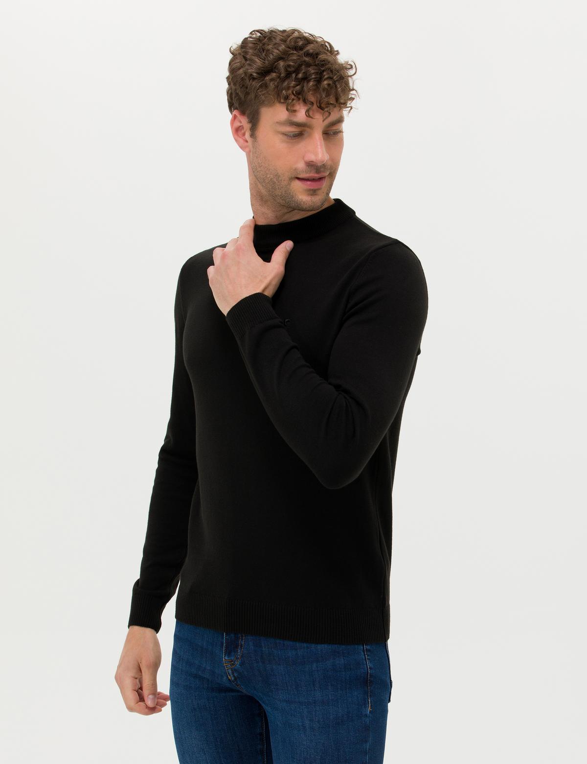 Siyah Slim Fit Çeyrek Yaka Basic Triko Kazak - 50276158047