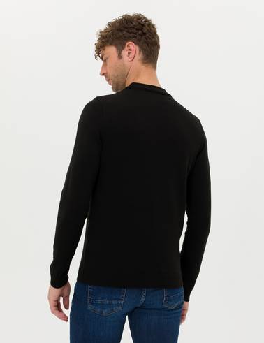 Siyah Slim Fit Çeyrek Yaka Basic Triko Kazak