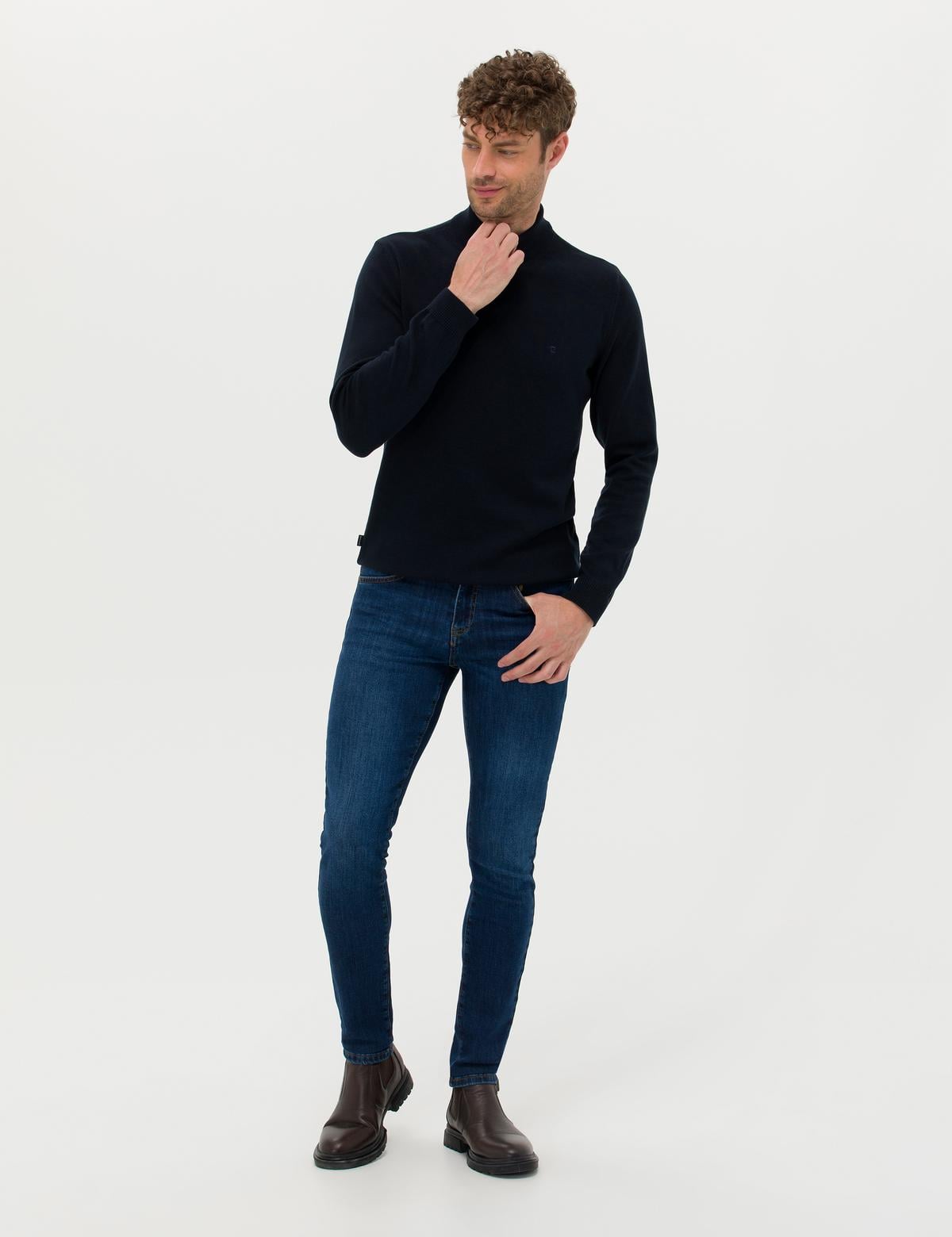 Lacivert Slim Fit Yarım Balıkçı Yaka Basic Triko Kazak - 50276161203