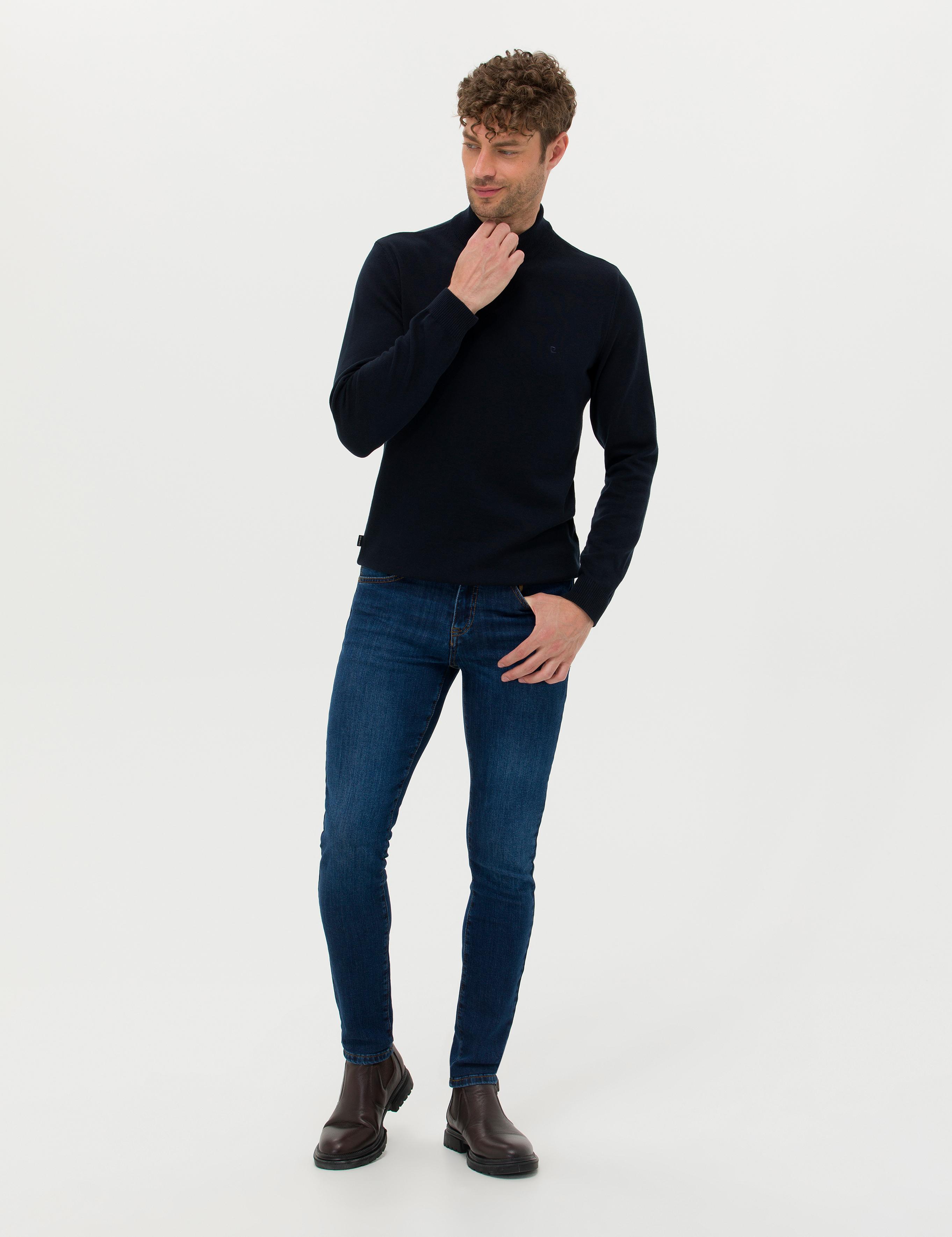 Lacivert Slim Fit Yarım Balıkçı Yaka Basic Triko Kazak