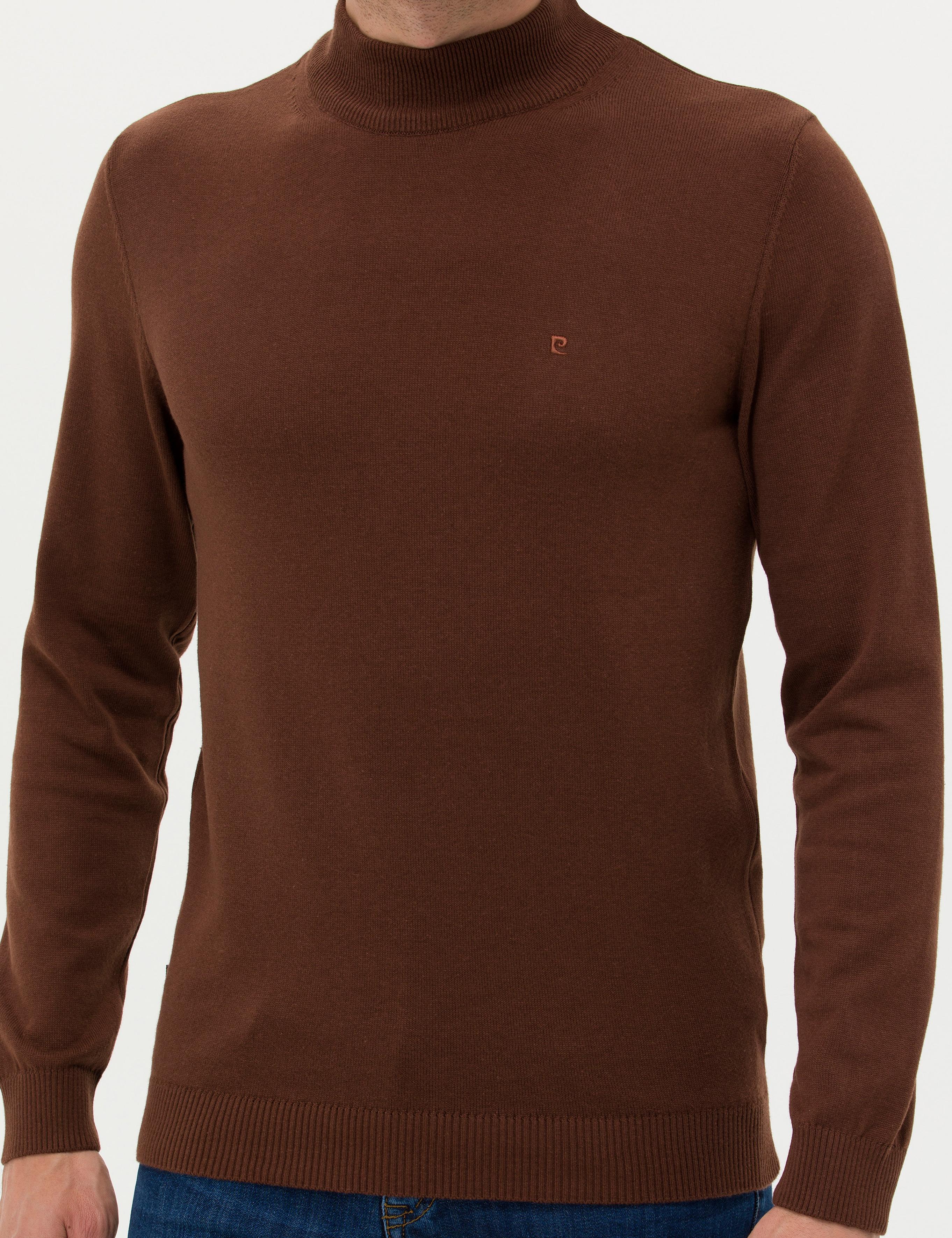 Koyu Kahverengi Slim Fit Yarım Balıkçı Yaka Basic Triko Kazak