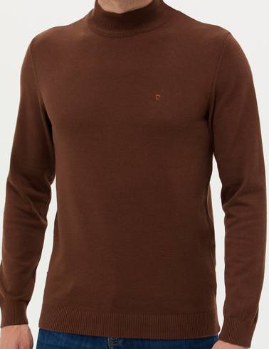 Koyu Kahverengi Slim Fit Yarım Balıkçı Yaka Basic Triko Kazak