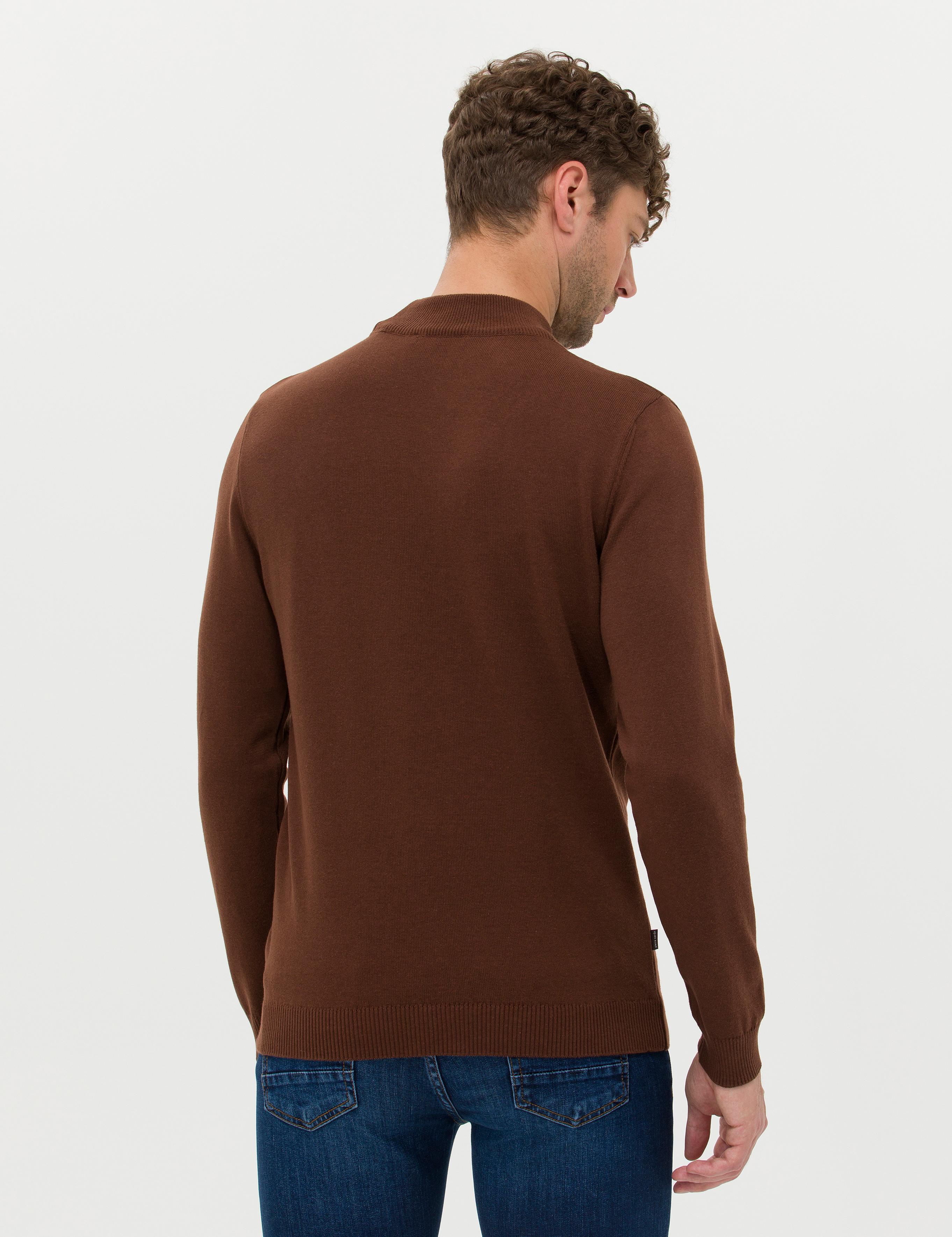 Koyu Kahverengi Slim Fit Yarım Balıkçı Yaka Basic Triko Kazak