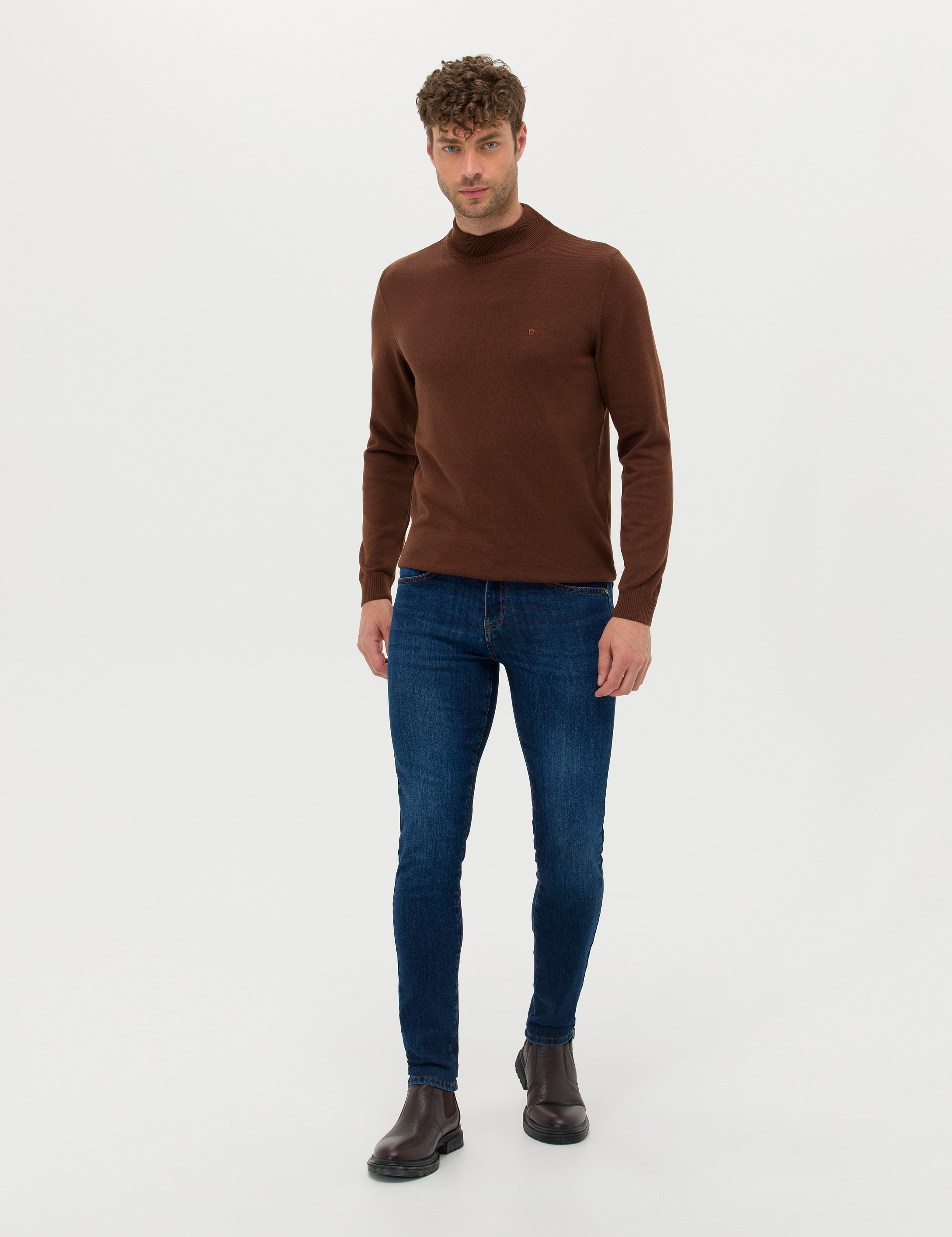 Pierre Cardin Koyu Kahverengi Slim Fit Yarım Balıkçı Yaka Basic Triko Kazak görsel 4