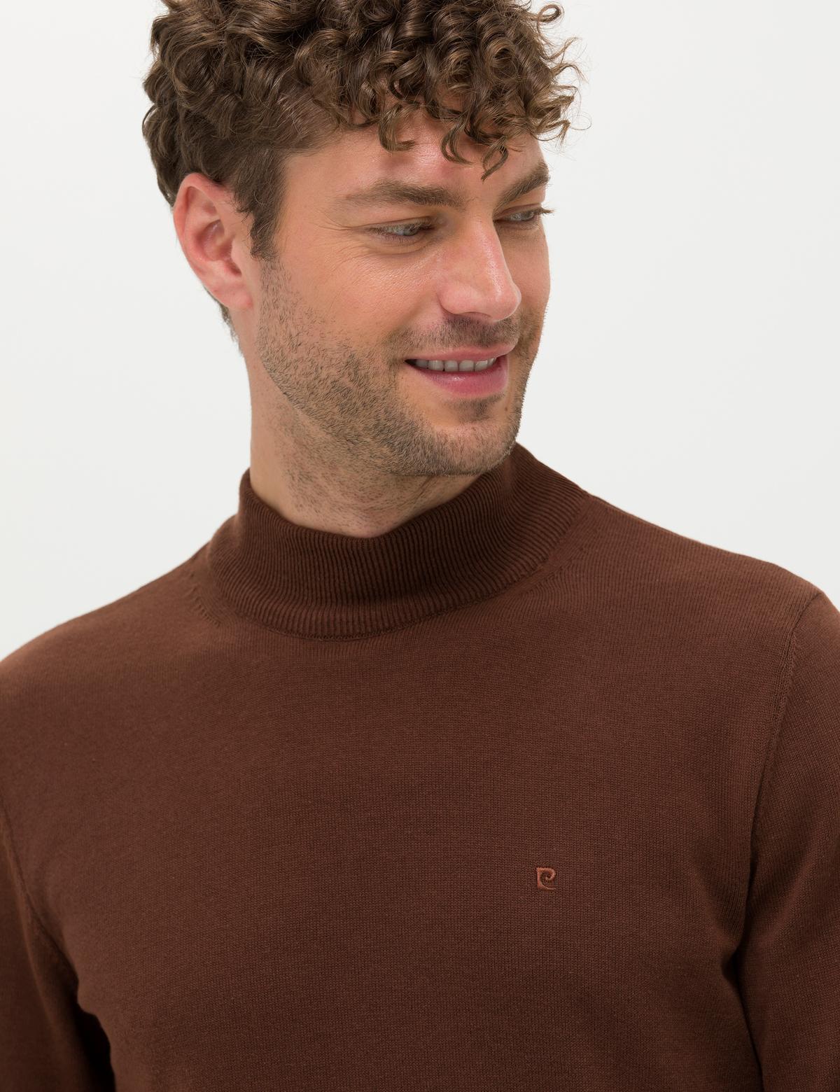 Koyu Kahverengi Slim Fit Yarım Balıkçı Yaka Basic Triko Kazak - 50276161228