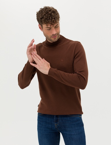 Koyu Kahverengi Slim Fit Yarım Balıkçı Yaka Basic Triko Kazak